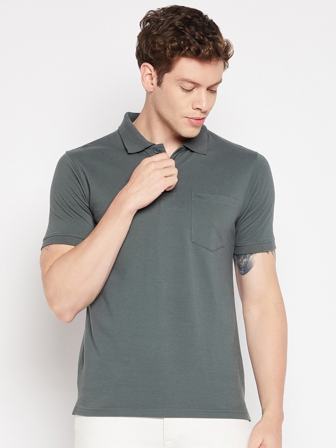 

Okane Polo Collar Chest Pocket Cotton T-shirt, Olive
