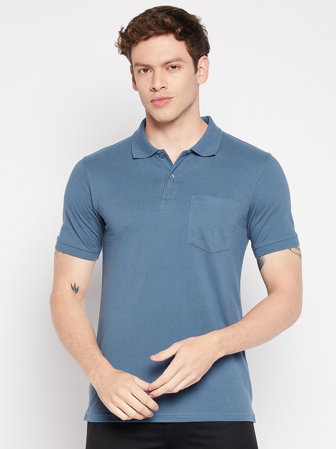 

Okane Polo Collar Chest Pocket Cotton T-shirt, Blue