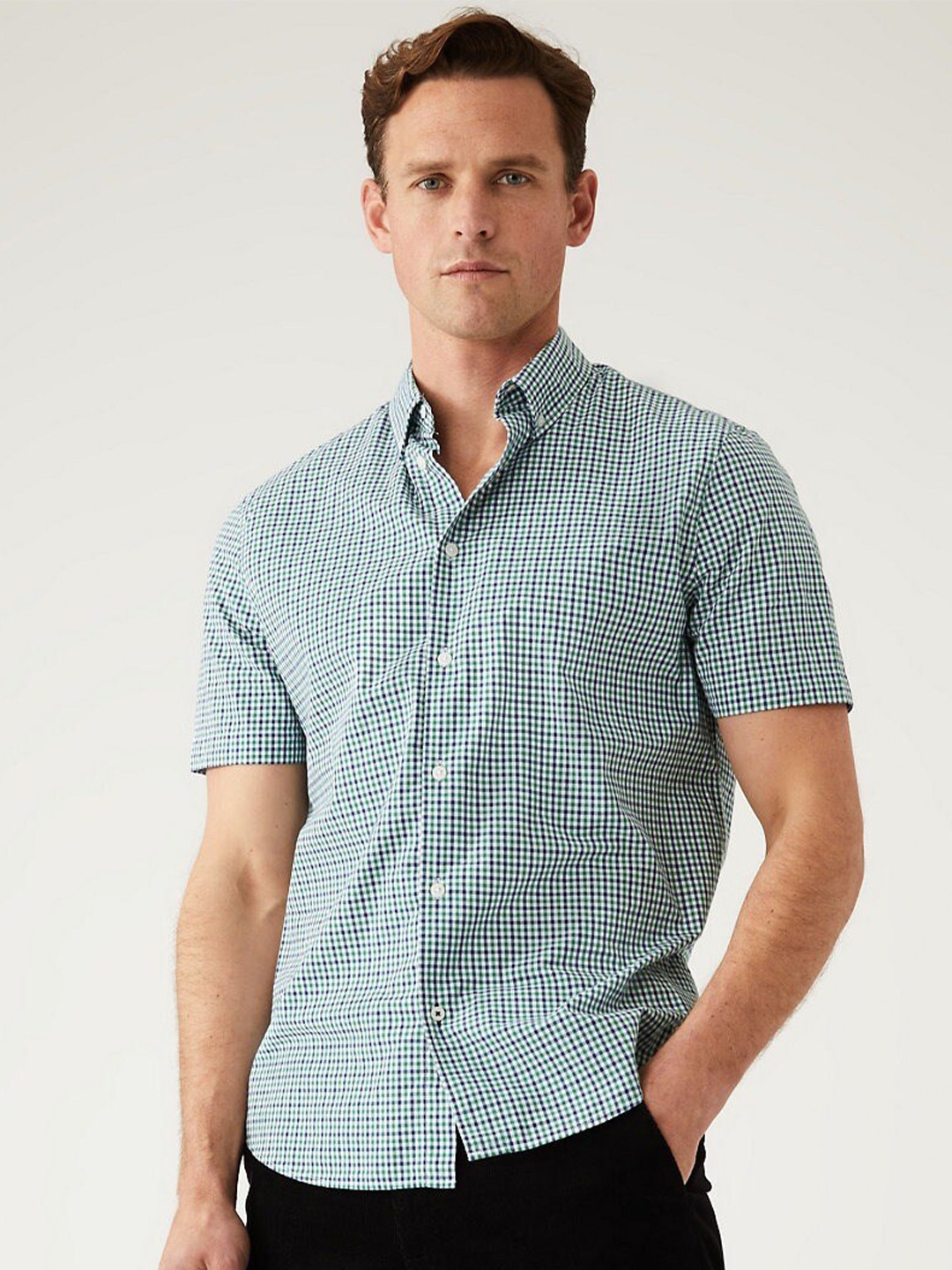 

Marks & Spencer Micro Checked Casual Pure Cotton Shirt, Green