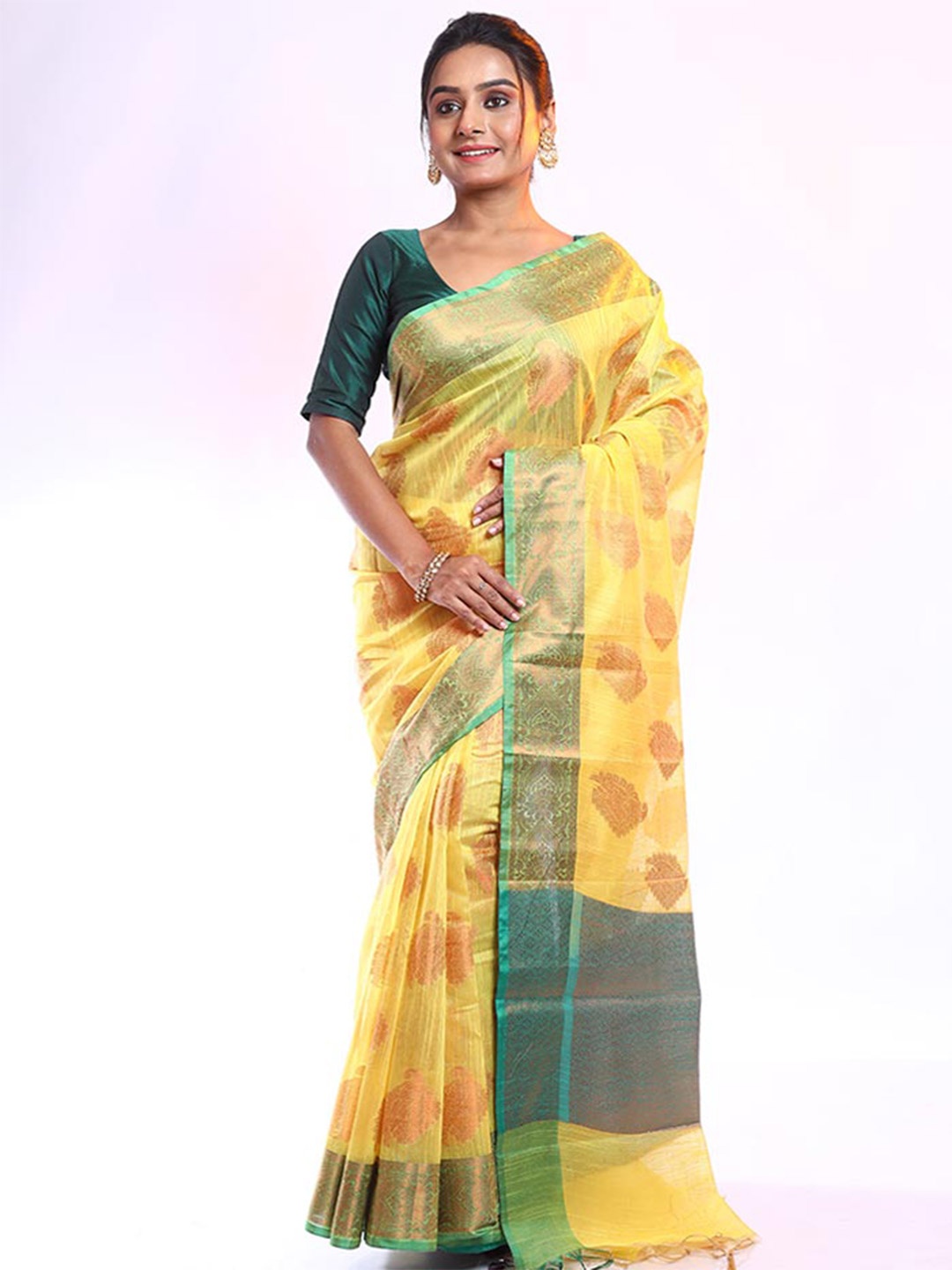 

AllSilks Woven Design Zari Silk Blend Saree, Yellow