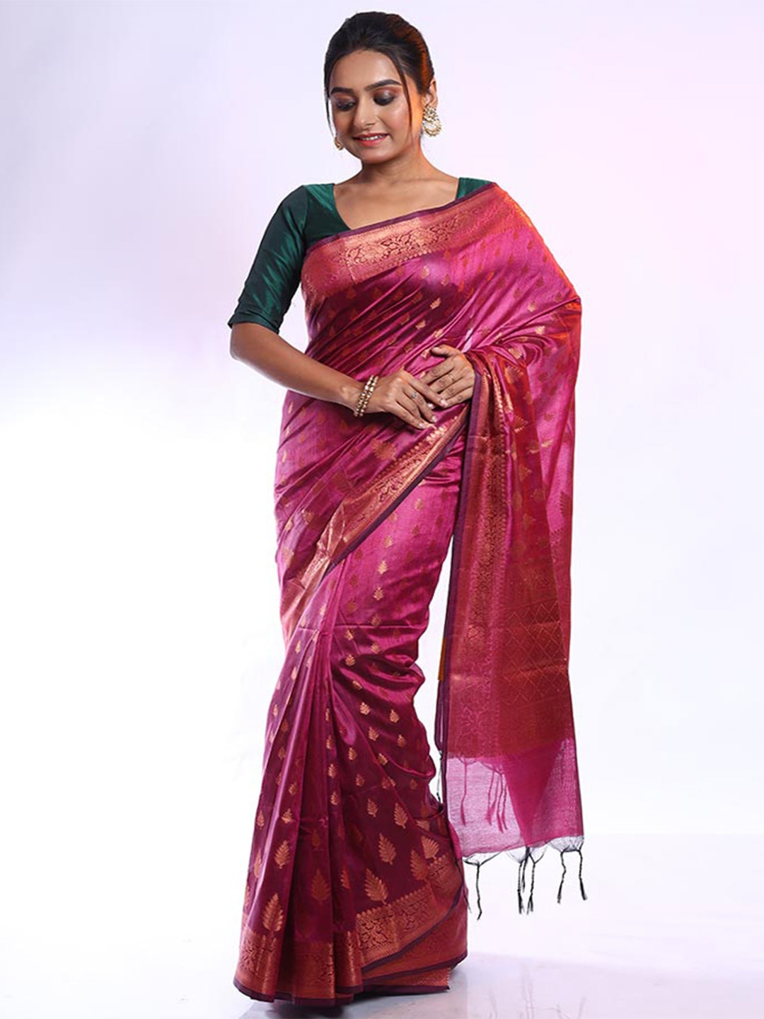 

AllSilks Woven Design Zari Silk Blend Saree, Pink