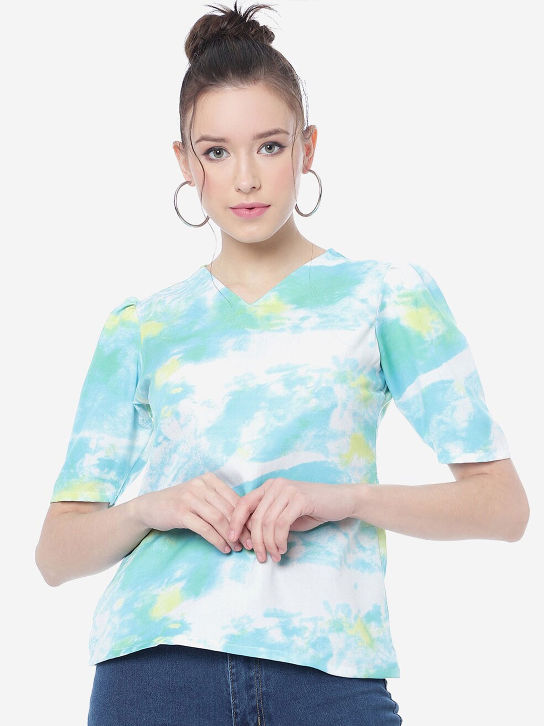 

J Turritopsis Short Puff Sleeves V-Neck Tie and Dye Top, Blue