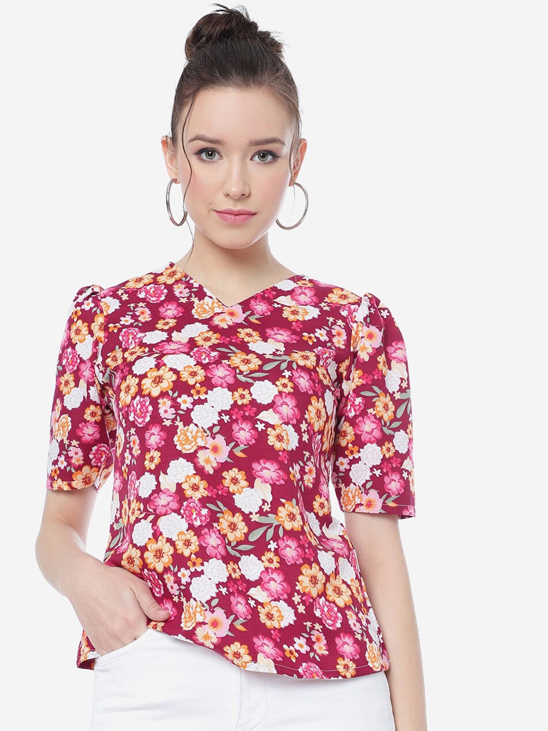 

J Turritopsis Short Puff Sleeves V-Neck Floral Printed Top, Pink