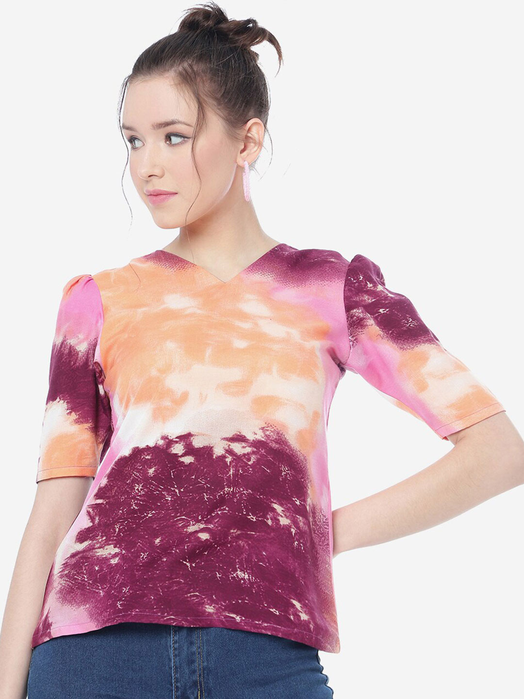 

J Turritopsis Short Puff Sleeves V-Neck Tie and Dye Top, Magenta
