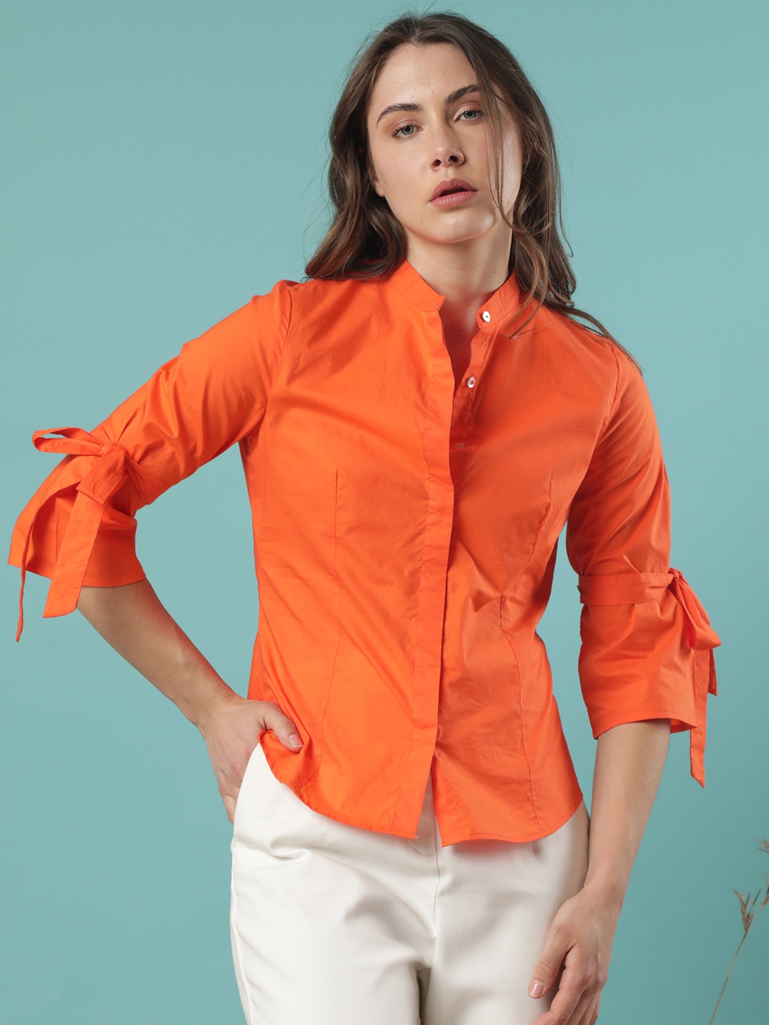 

RAREISM Mandarin Collar Tie-Up Detail Cotton Shirt Style Top, Orange