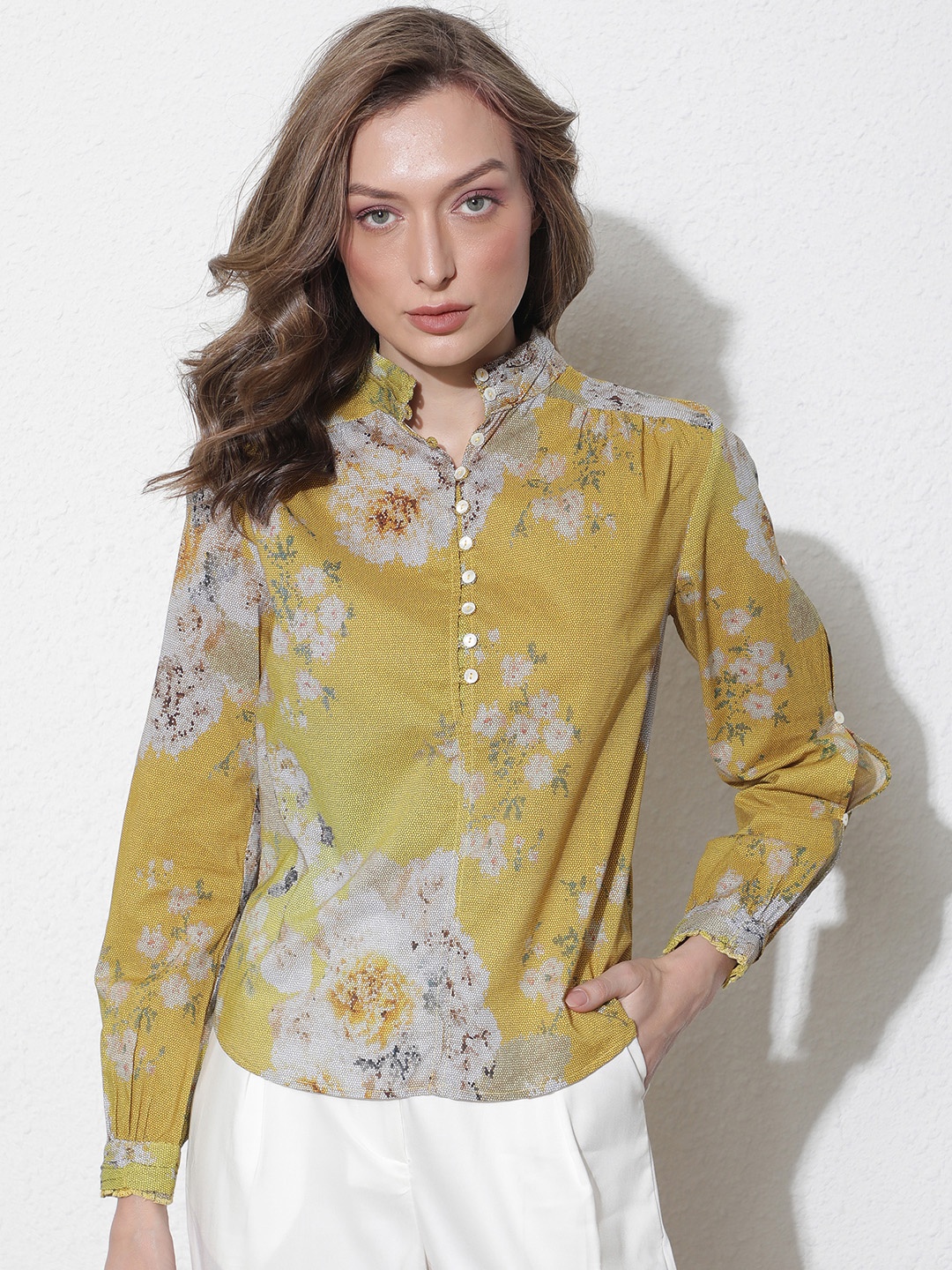 

RAREISM Floral Print Mandarin Collar Cotton Shirt Style Top, Yellow