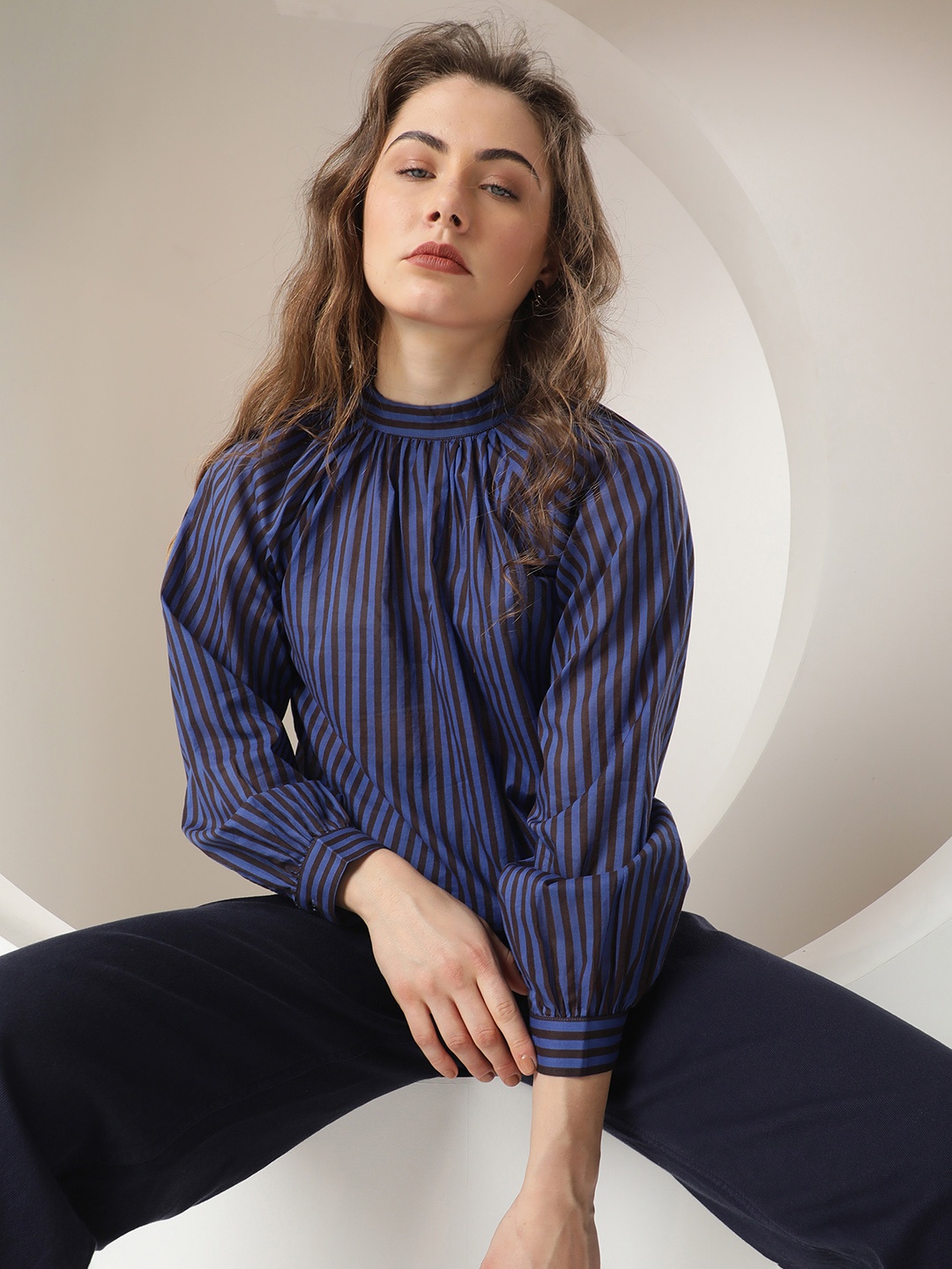 

RAREISM Striped High Neck Regular Top, Blue