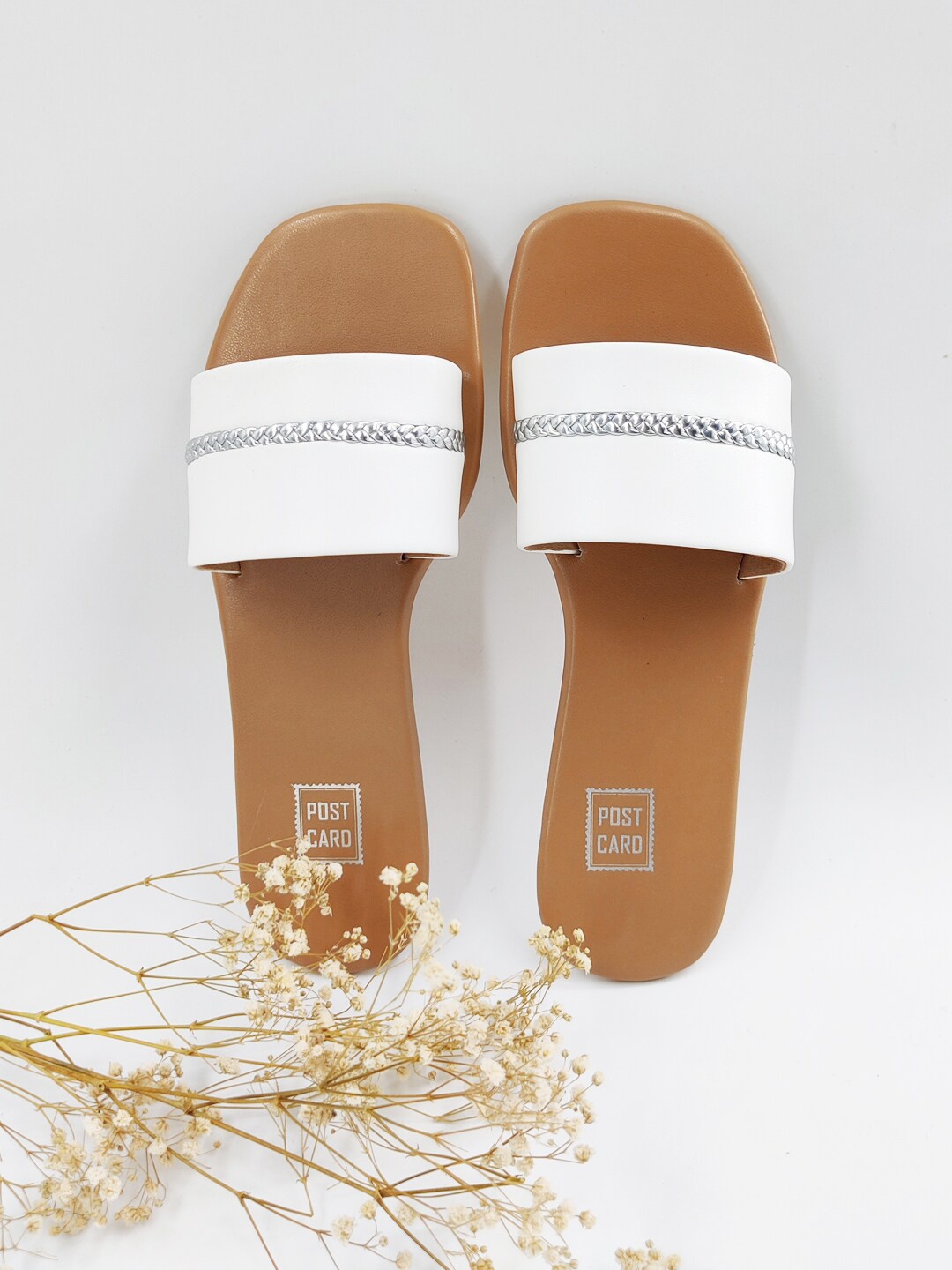 

POSTCARD Embellished Leather Open Toe Flats, White