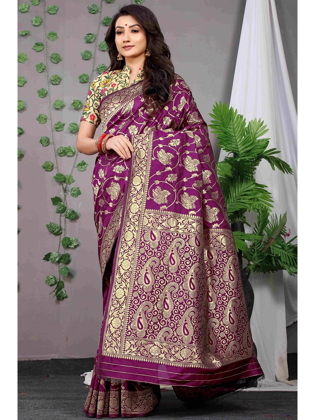 

Anaita Ethnic Motifs Woven Design Zari Pure Silk Banarasi Saree, Purple