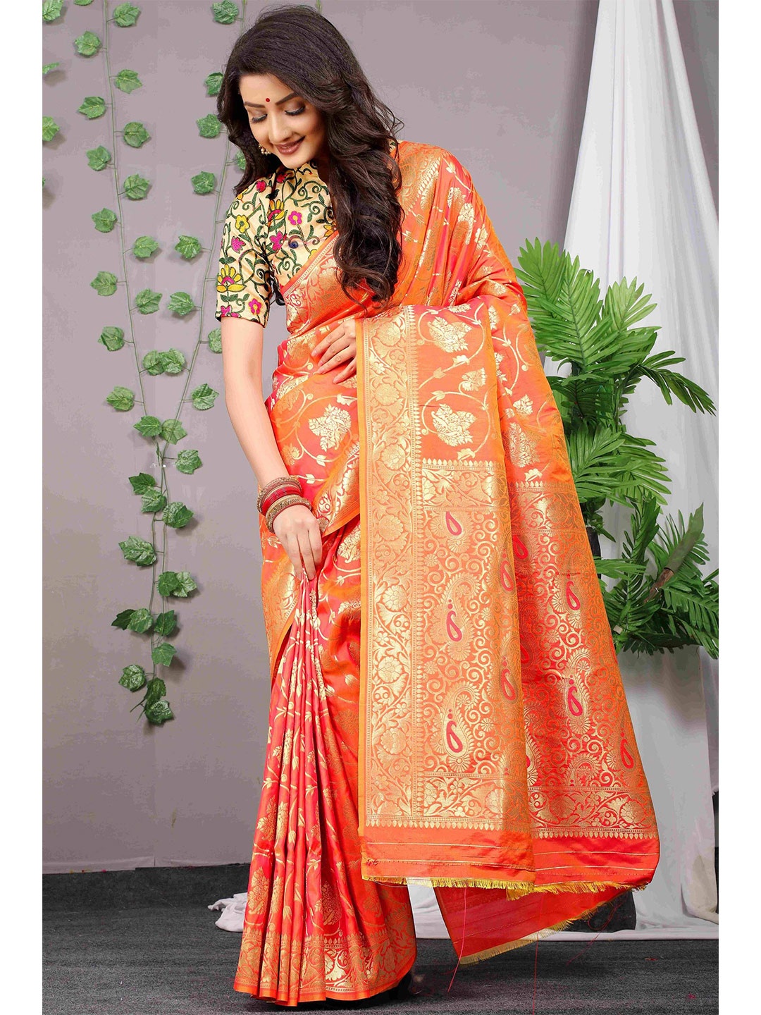 

Anaita Ethnic Motifs Woven Design Zari Pure Silk Banarasi Saree, Orange