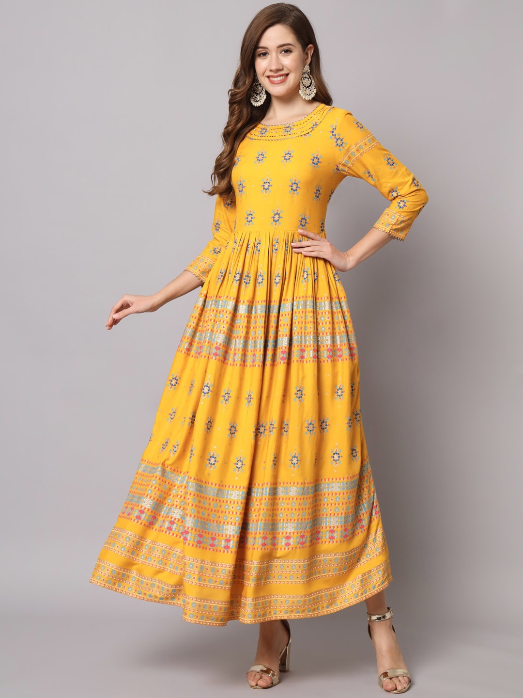 

Vastralay Floral Printed Gotta Patti Anarkali Kurta, Mustard