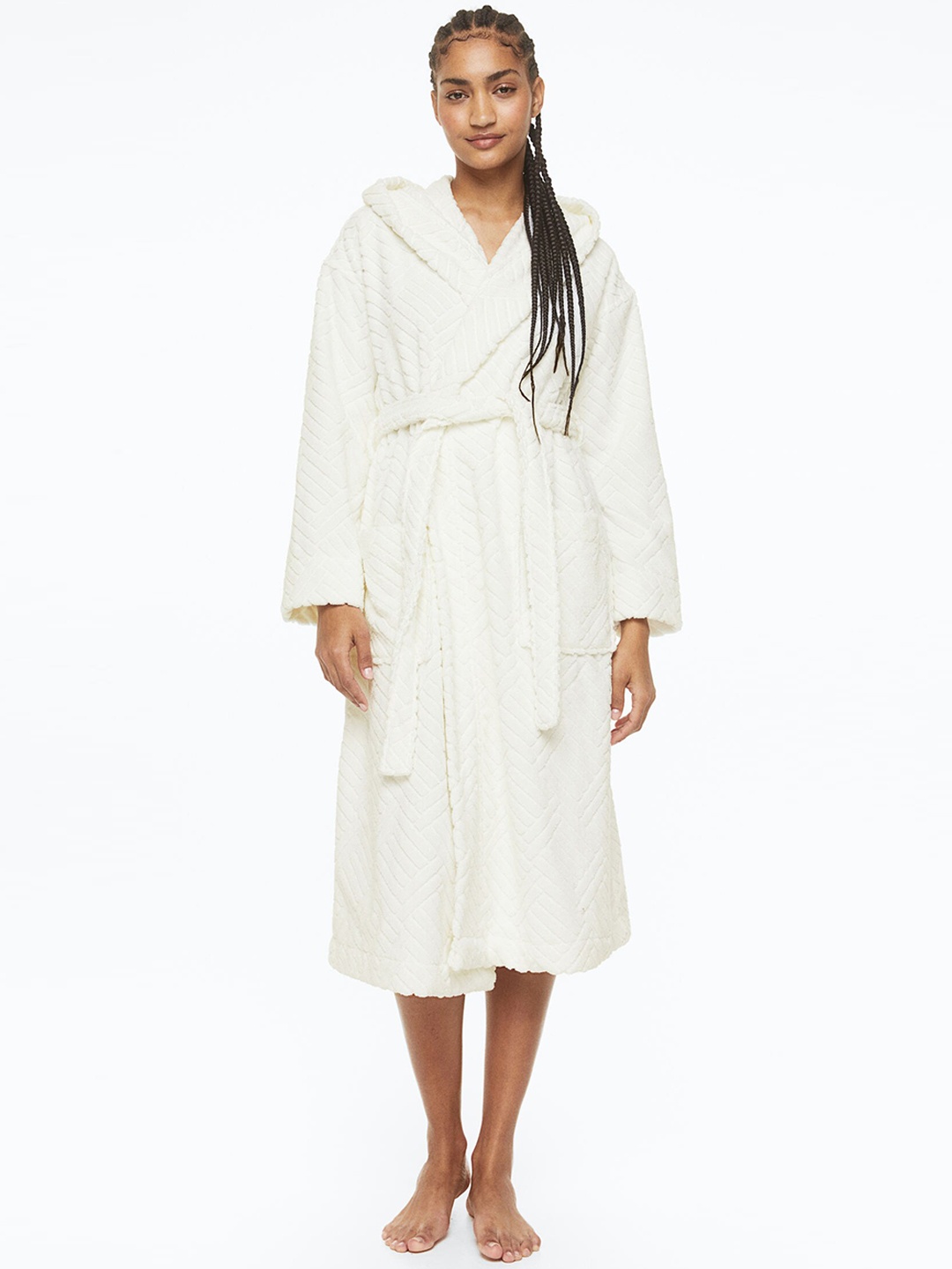 

H&M Pure Cotton Hooded Terry Dressing Gown, White