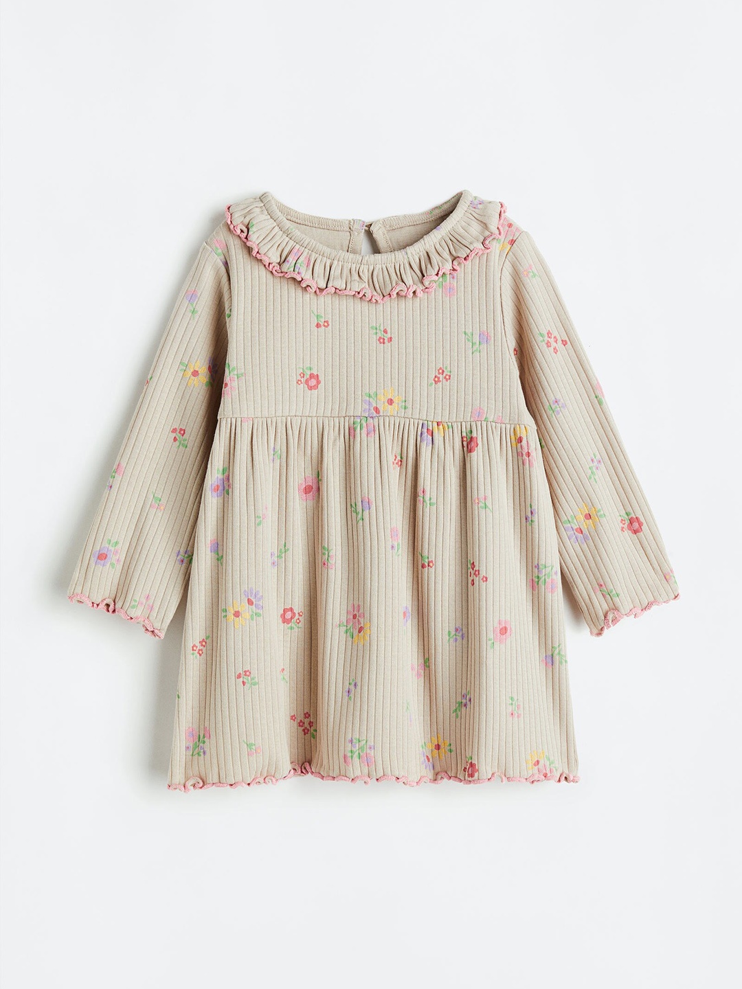 

H&M Girls Printed Ribbed Cotton Jersey Dress, Beige