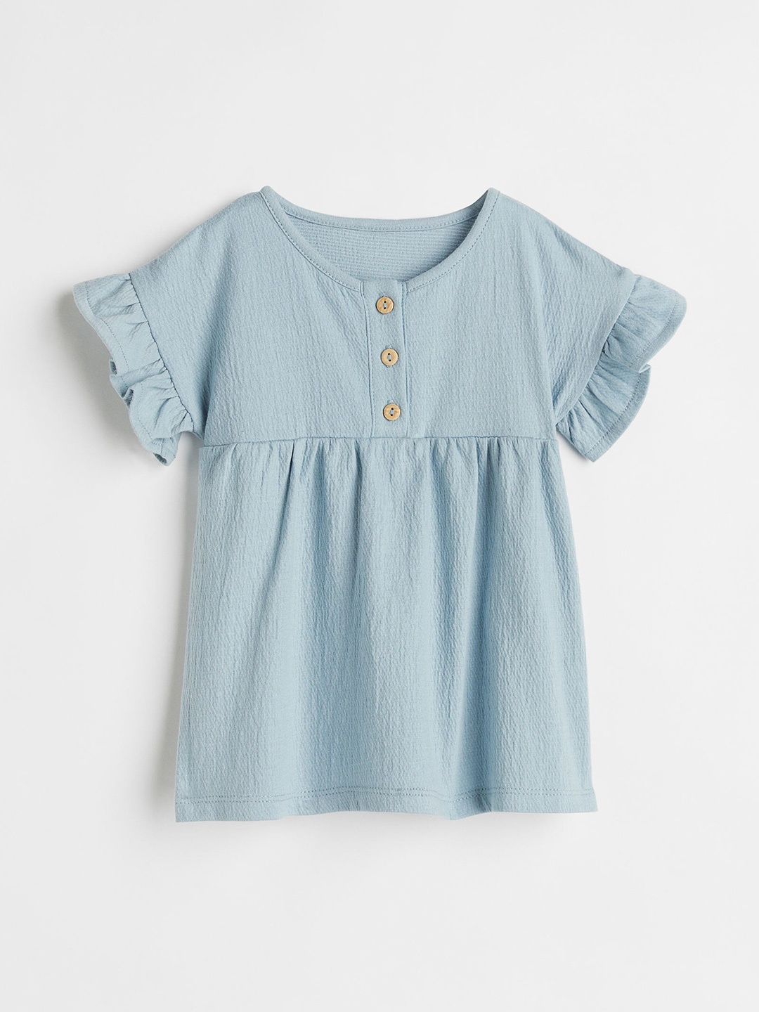 

H&M Infant Girls Pure Cotton Flounce-Trimmed Dress, Turquoise blue