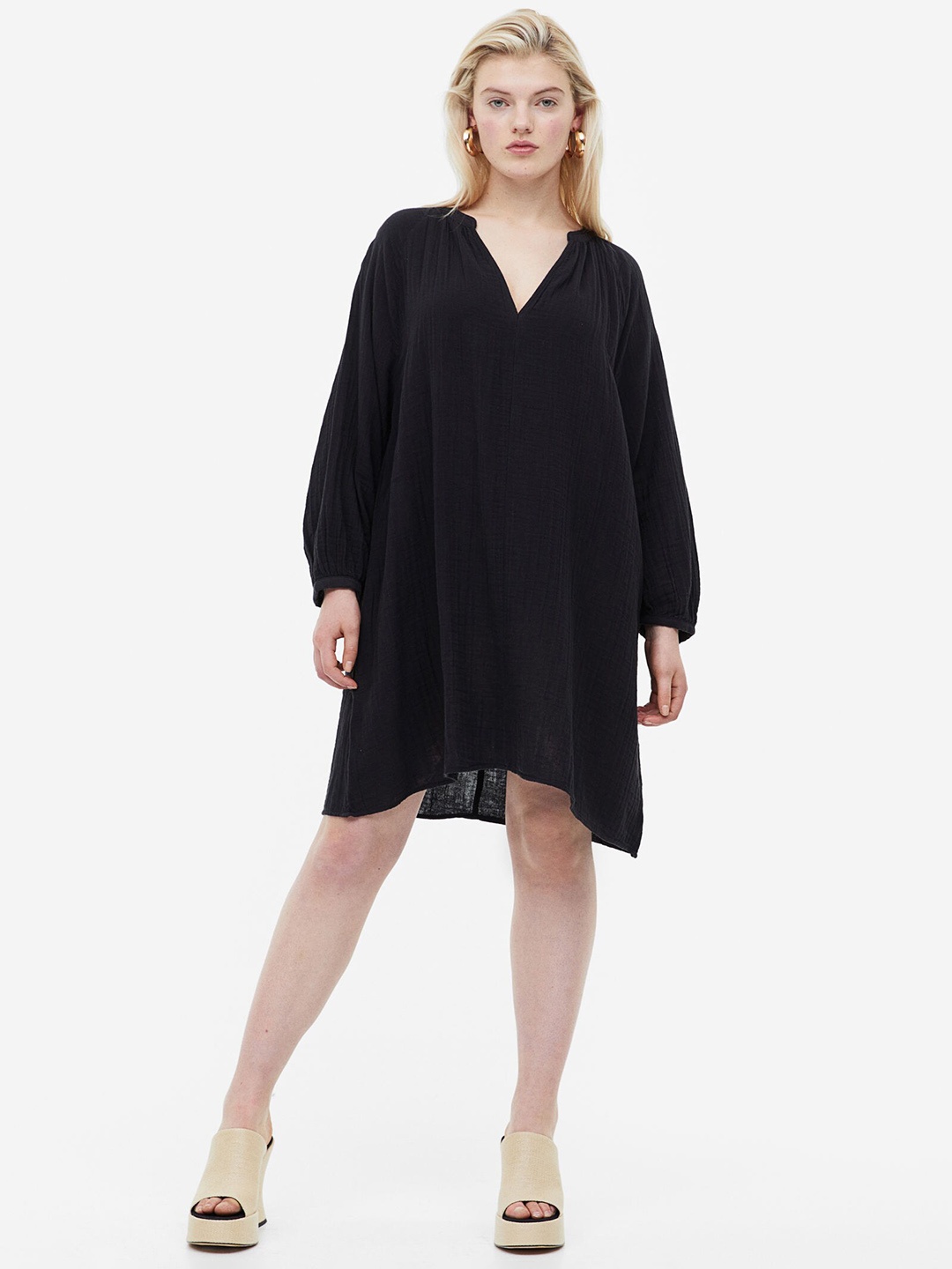 

H&M Pure Cotton Double-Weave Tunic Dress, Black