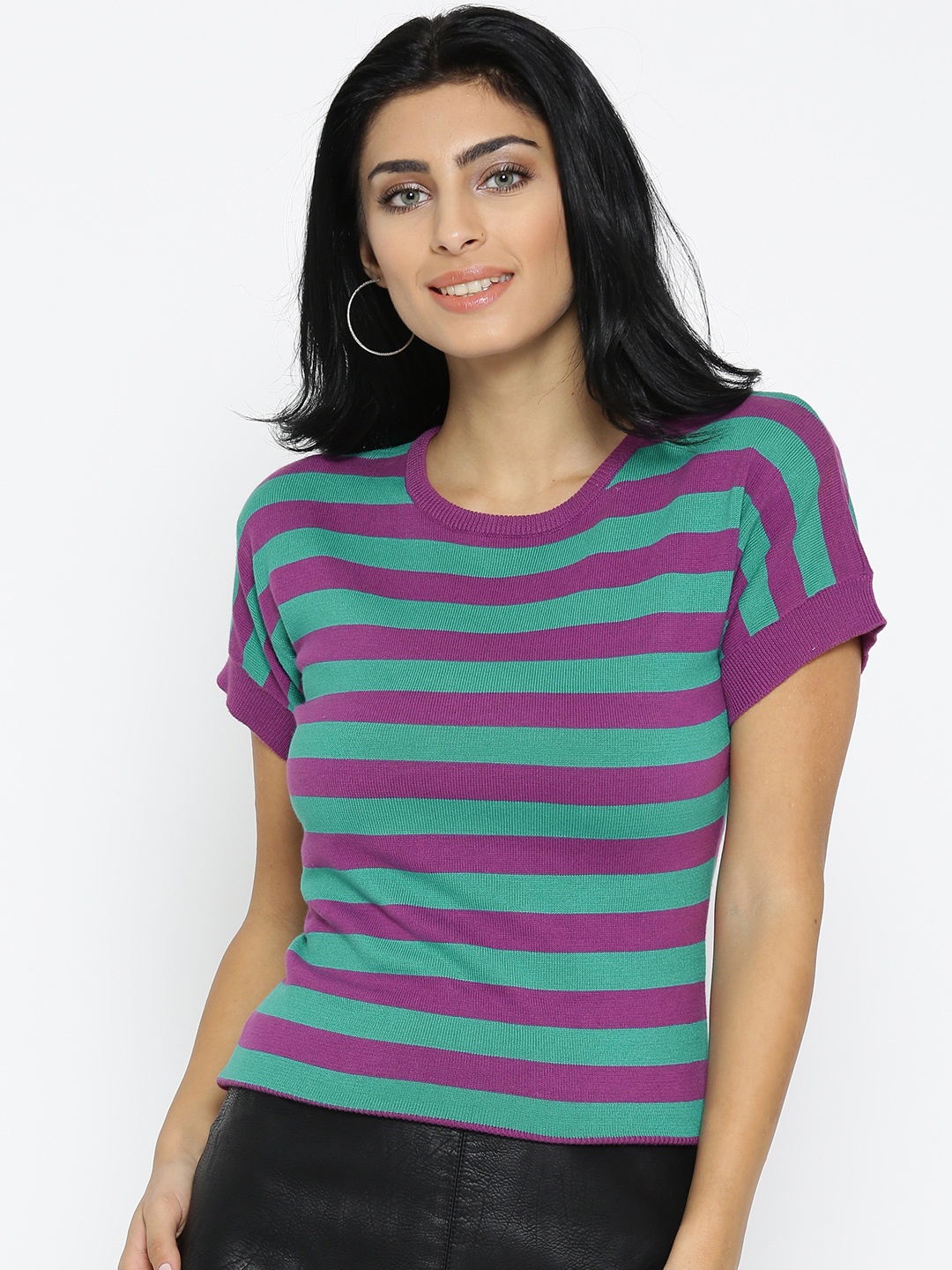 

Noi Women Purple& Green Striped Pure Cotton Top