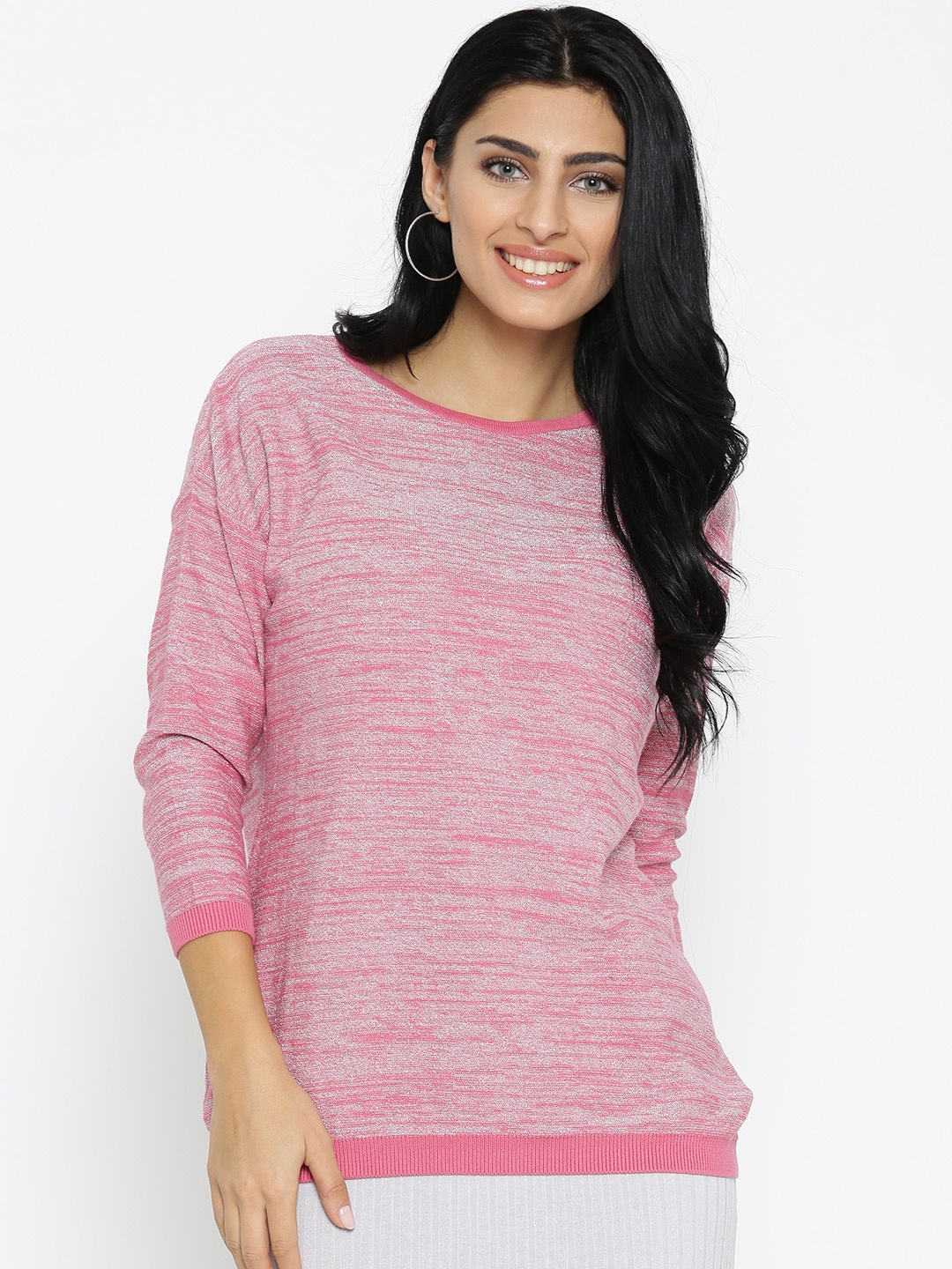 

Noi Women Pink & Silver Solid Shimmer Sweater