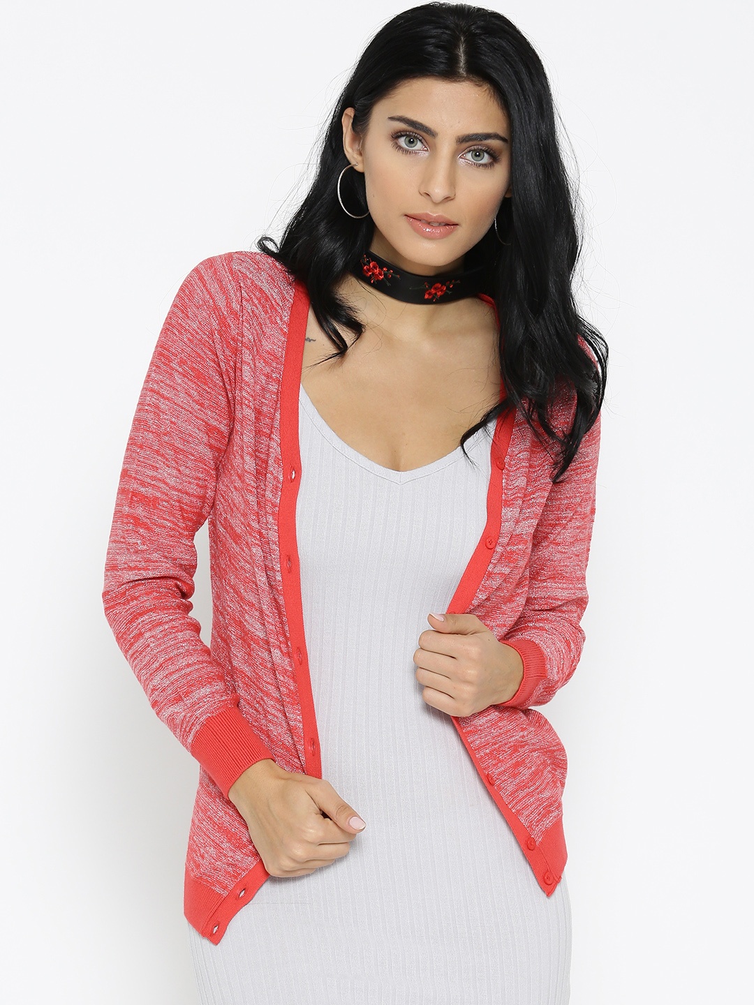 

Noi Women Coral Red & Silver Solid Shimmer Cardigan