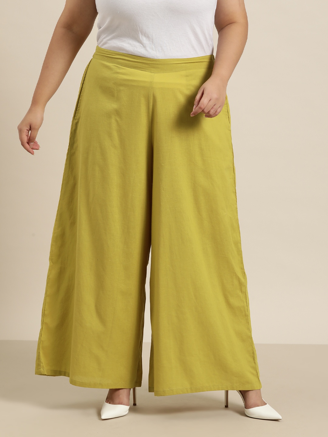 

Sztori Women Plus Size Pure Cotton Palazzos, Lime green