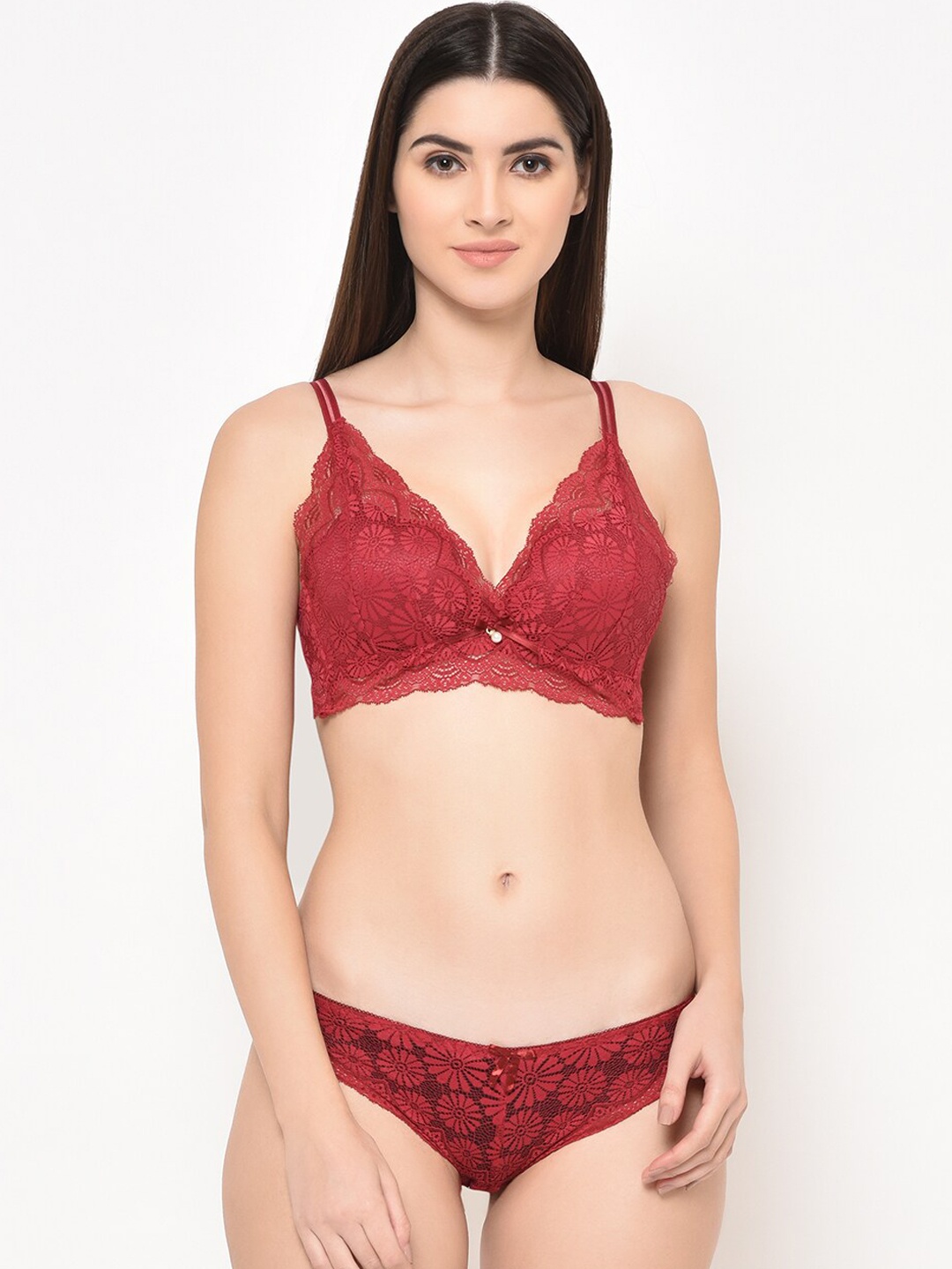 

Da Intimo Self Designed Lightly Padded Non Wired Lace Lingerie Set, Maroon