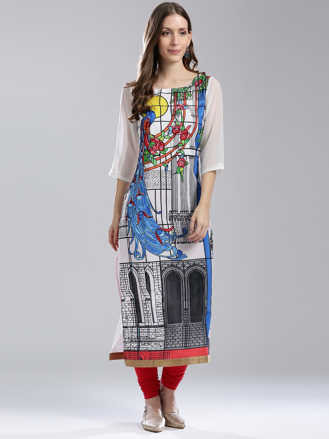 

WISHFUL by W Women Off-White & Blue Printed Straight Kurta