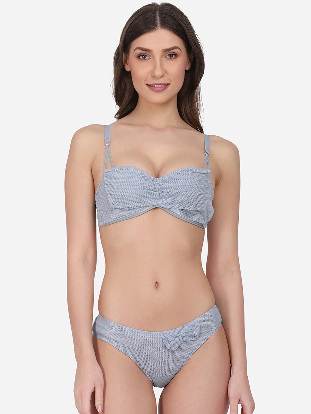 

Da Intimo Self Design Lightly Padded Non-Wired Lace Lingerie Set, Grey