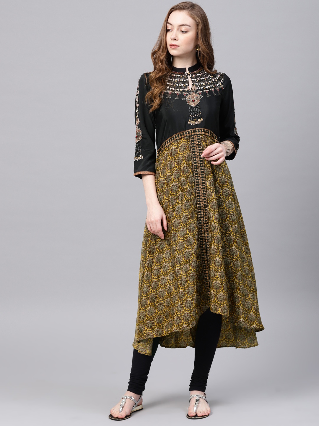 

Wishful by W Women Black & Mustard Yellow Printed Embellished A-Line Kurta