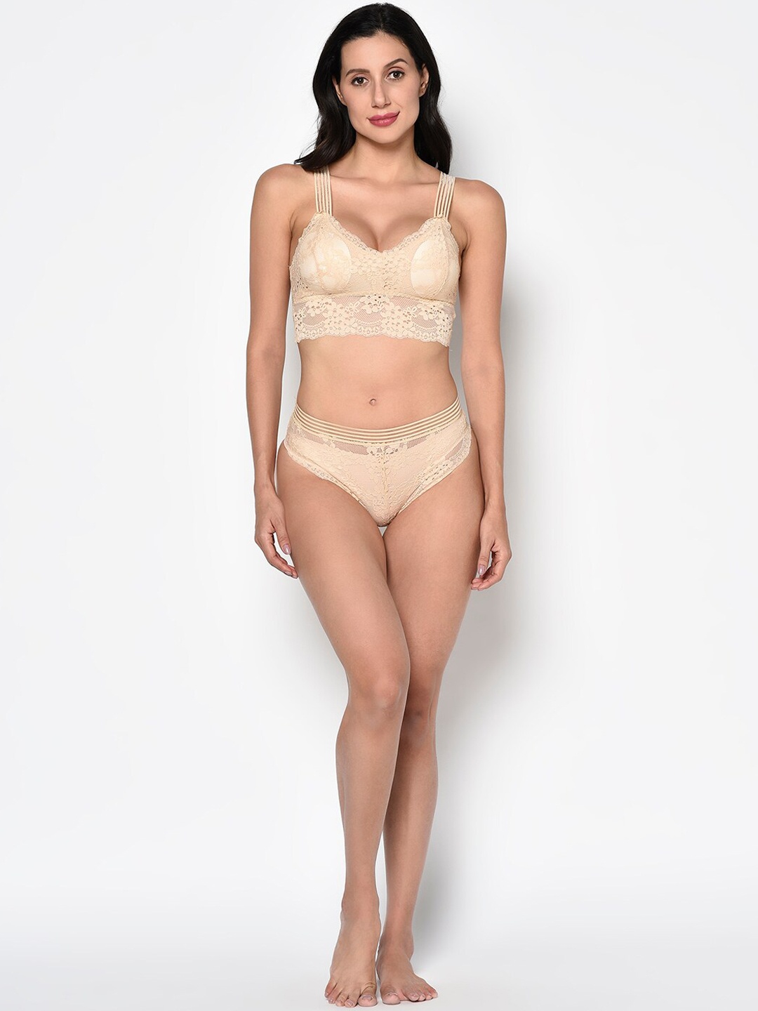 

Da Intimo Self Design Lightly Padded Non Wired Mid Rise Lace Lingerie Set, Beige