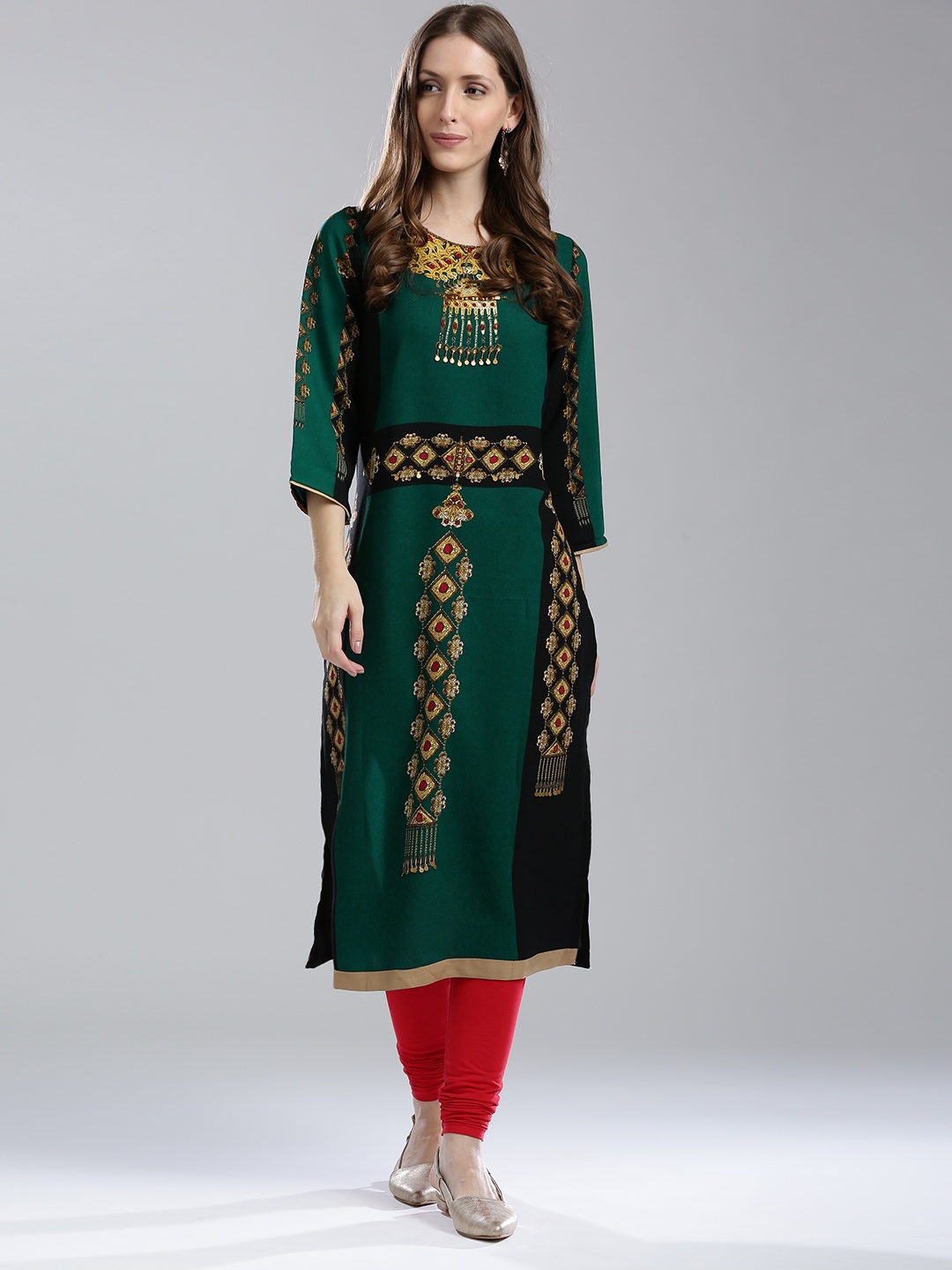 

Wishful by W Women Teal Green & Black Printed Straight Kurta