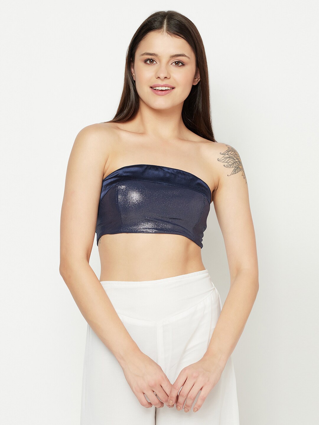 

Da Intimo Satin Finish Tube Tie Up Closure Bandeau Bra, Navy blue