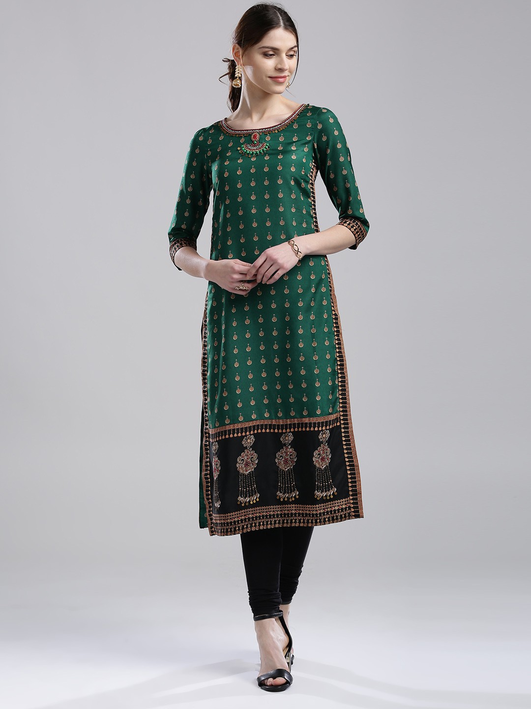 

WISHFUL by W Women Green & Beige Printed Straight Kurta