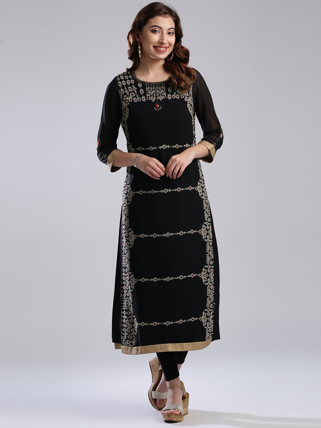

Wishful by W Women Black Printed Straight Kurta