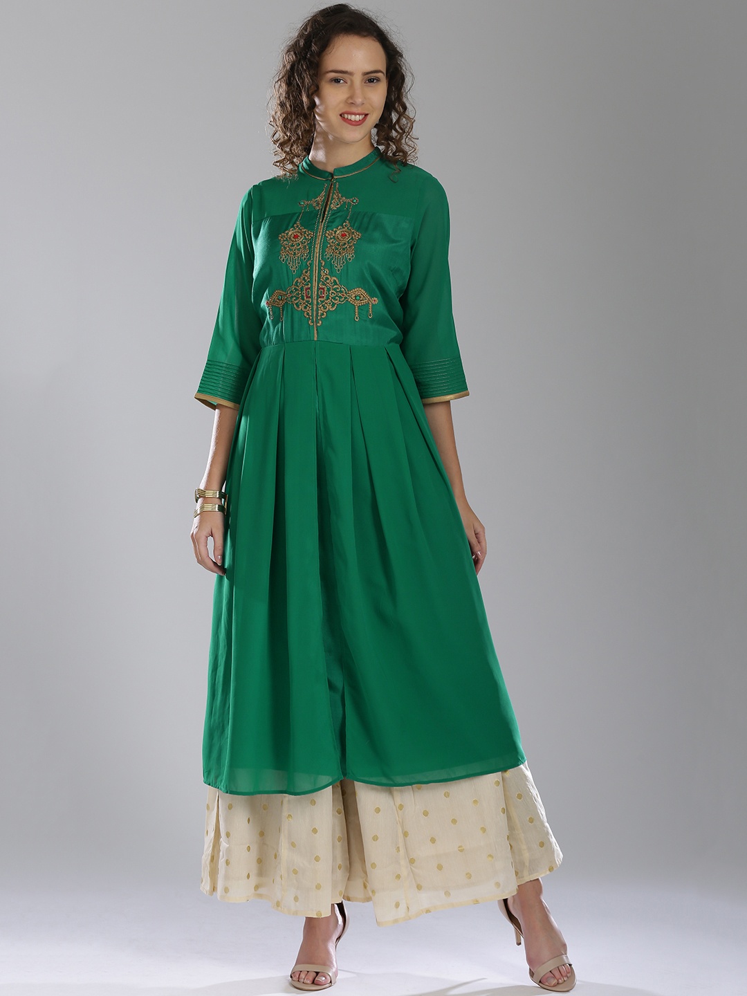 

WISHFUL by W Women Green Embroidered A-Line Layered Kurta