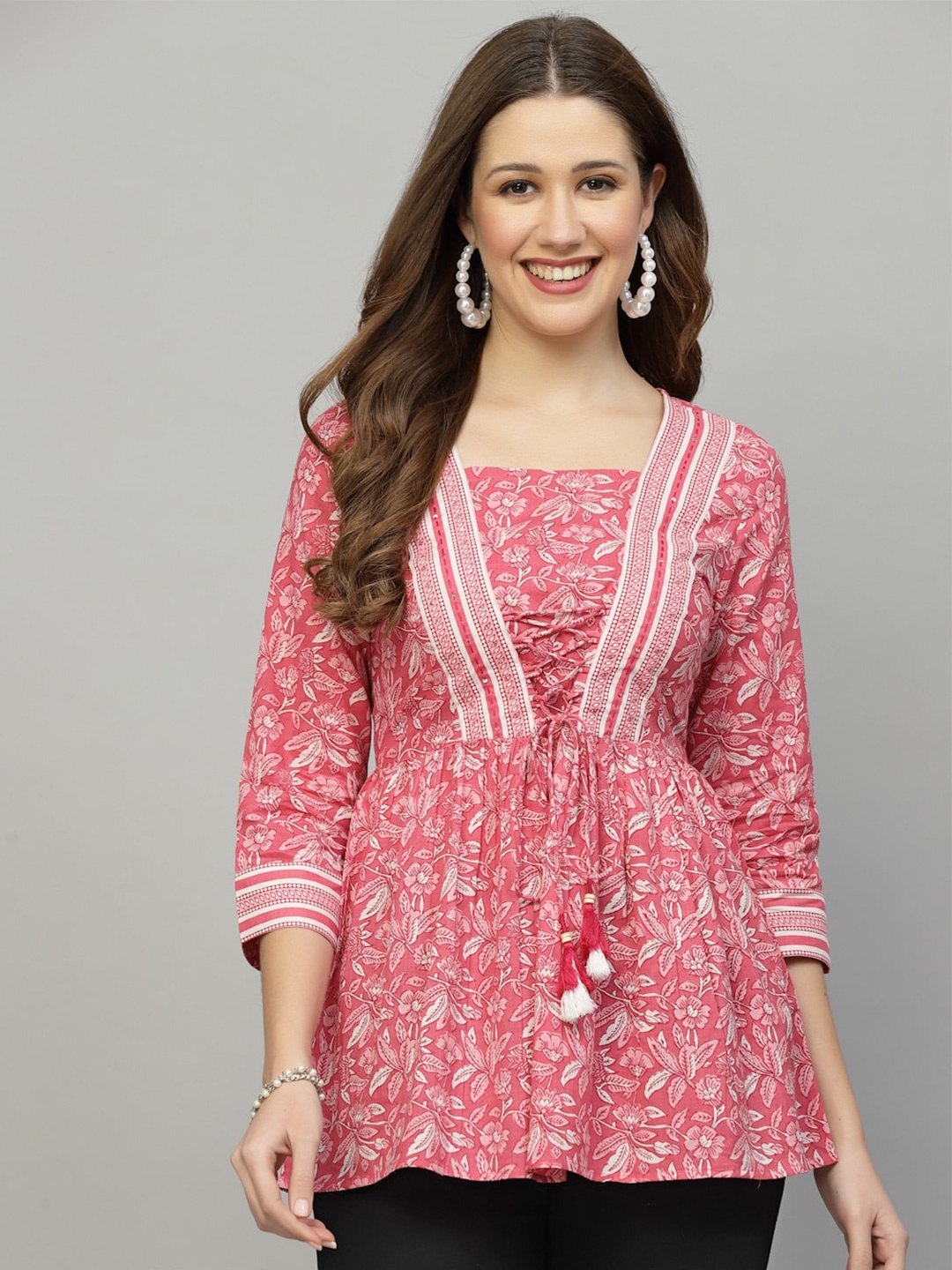 

QOMN Floral Print Pure Cotton Empire Longline Top, Pink