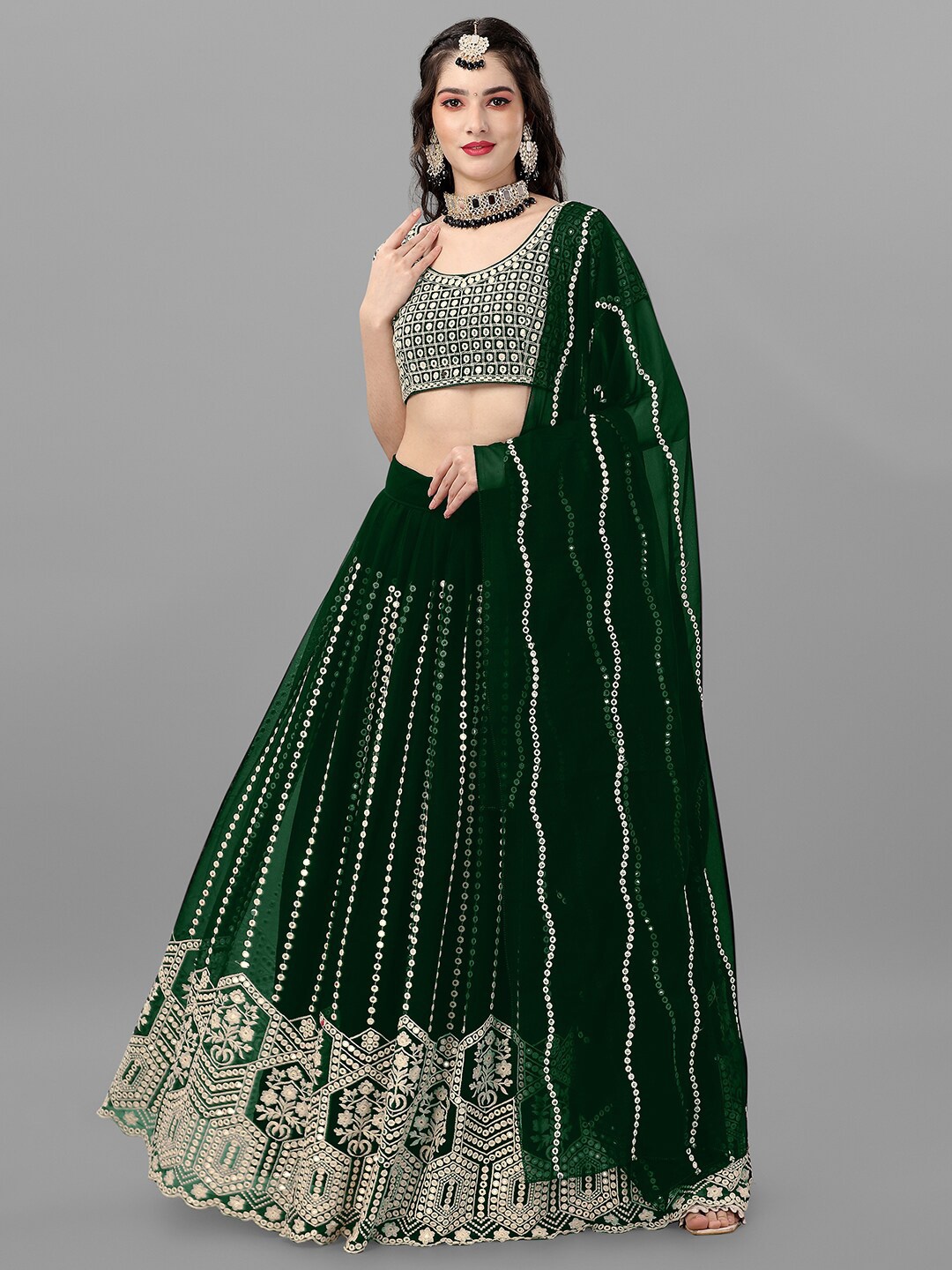 

Angroop Embellished Thread Work Semi-Stitched Lehenga & Unstitched Blouse With Dupatta, Green