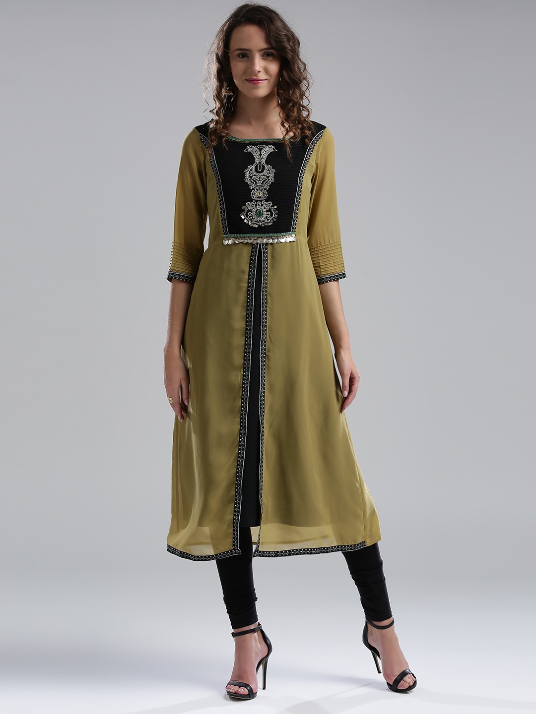 

Wishful by W Women Mustard Yellow & Black Embroidered A-Line Kurta