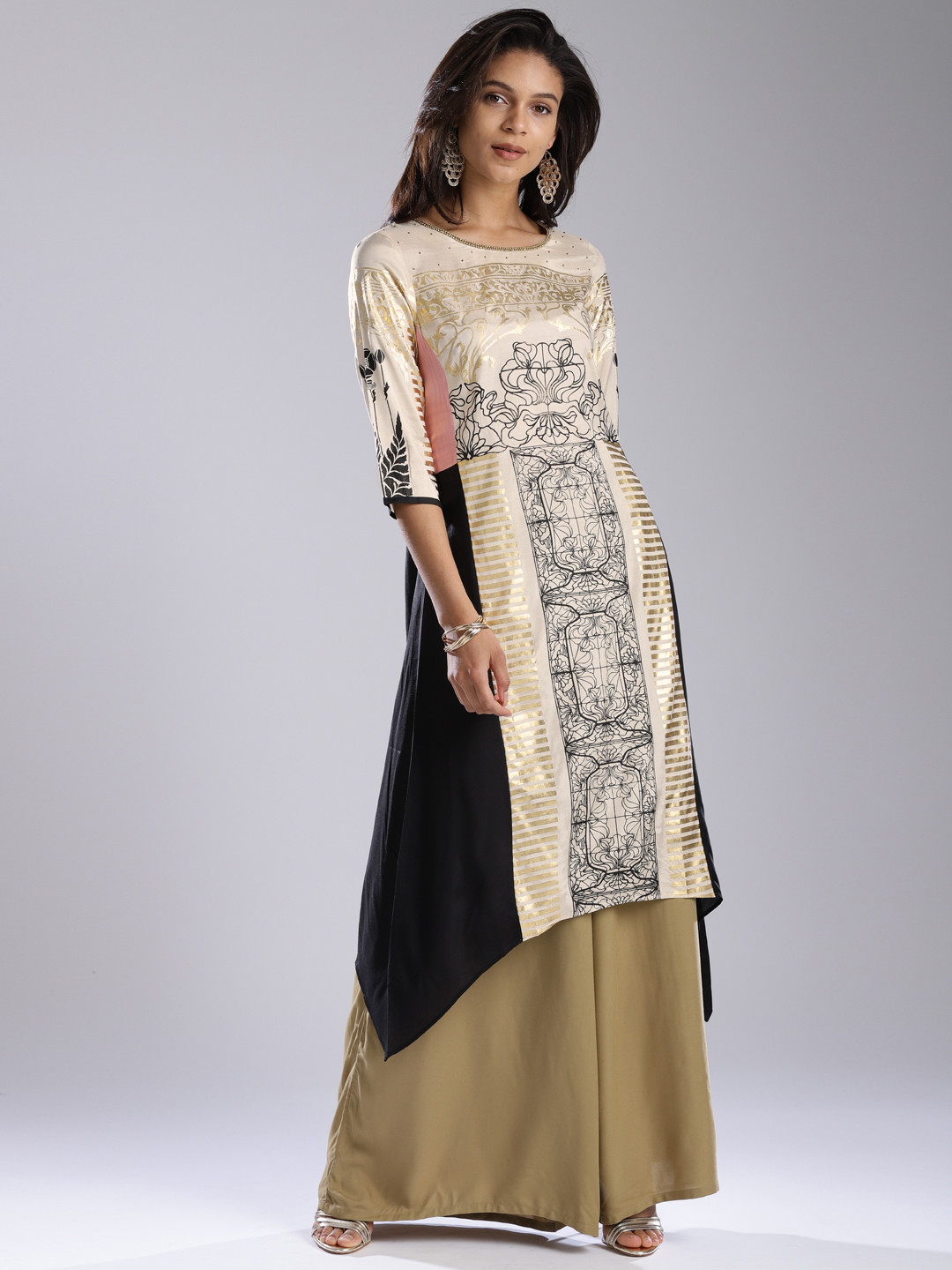 

WISHFUL by W Women Beige & Black Printed A-Line Kurta