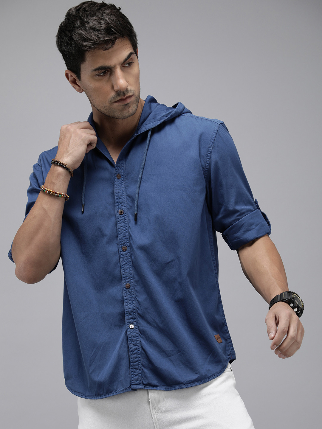 

The Roadster Life Co. Solid Pure Cotton Hooded Casual Shirt, Blue