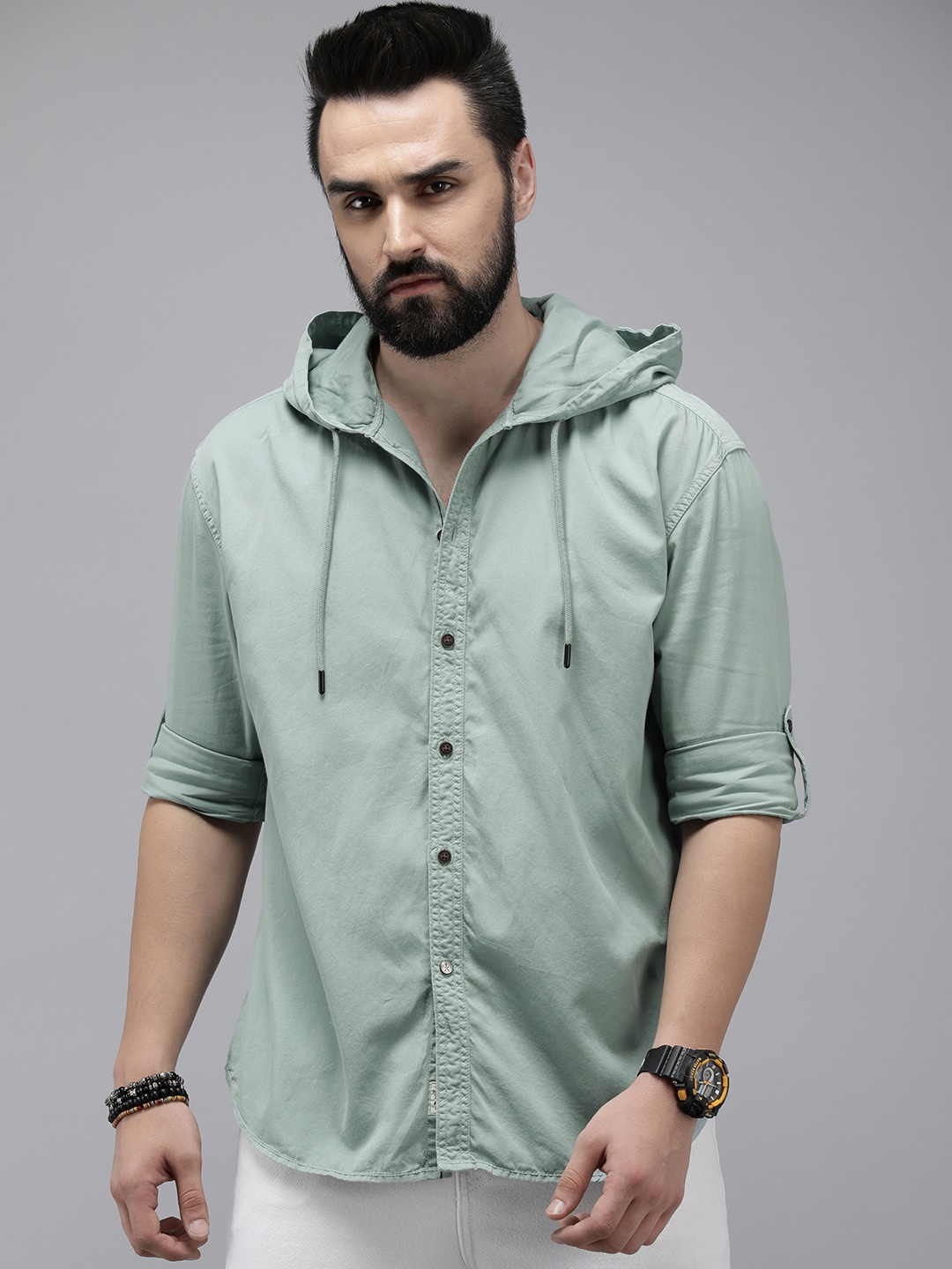 

The Roadster Life Co. Solid Relaxed Fit Pure Cotton Hooded Casual Shirt, Green