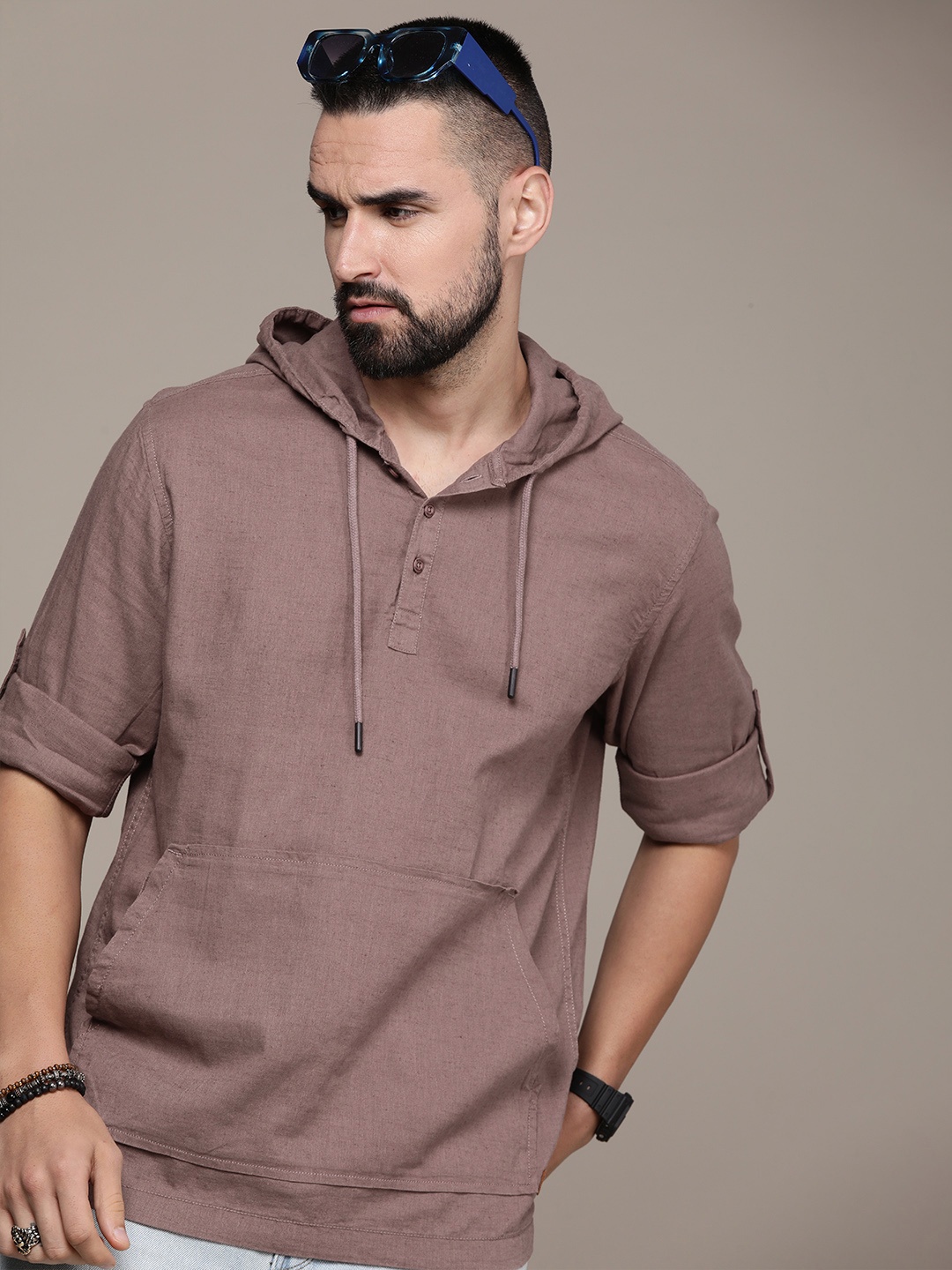 

The Roadster Life Co. Solid Cotton Linen Hooded Casual Shirt, Mauve