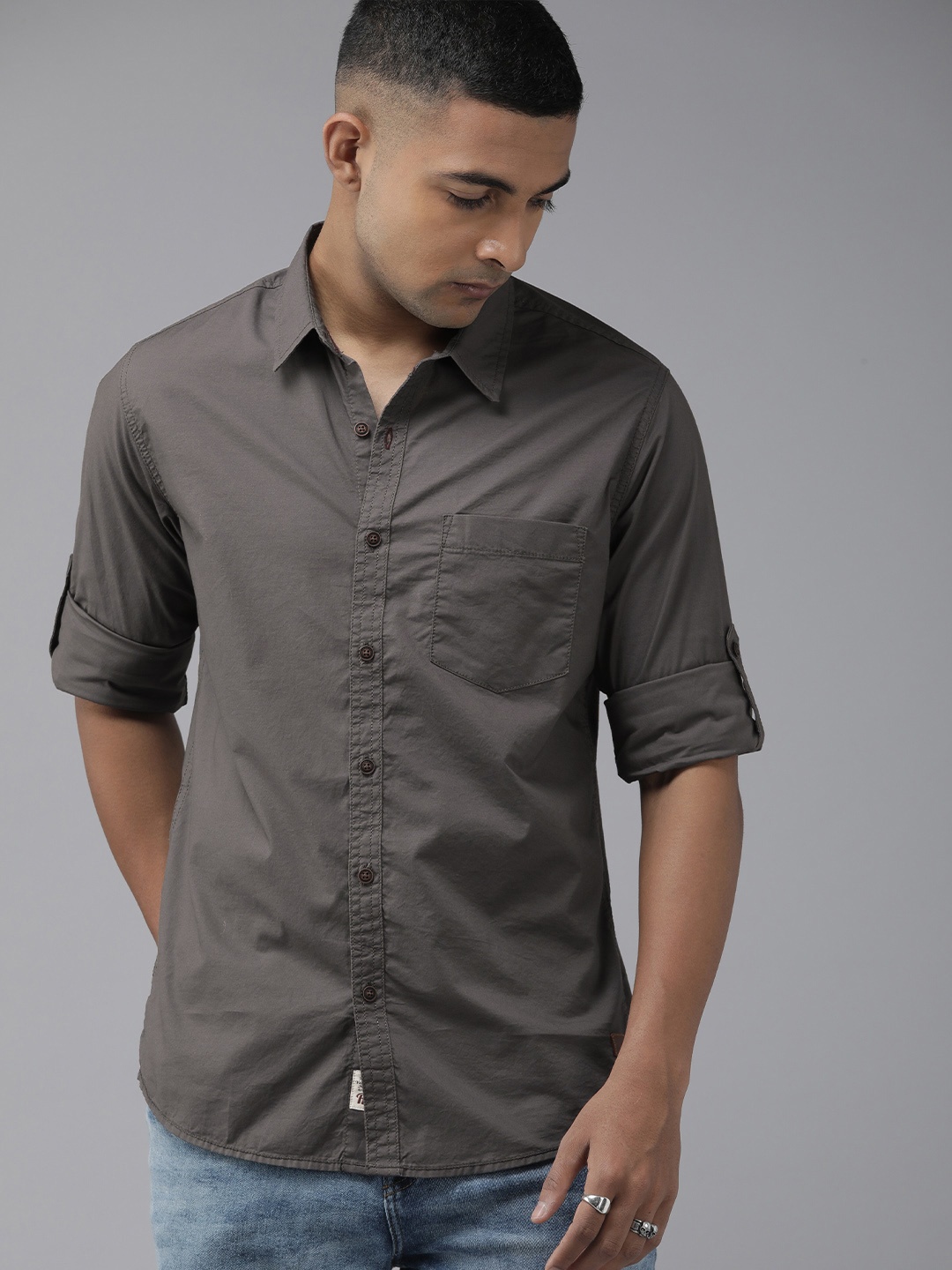 

The Roadster Lifestyle Co. Roll-Up Sleeves Casual Shirt, Grey