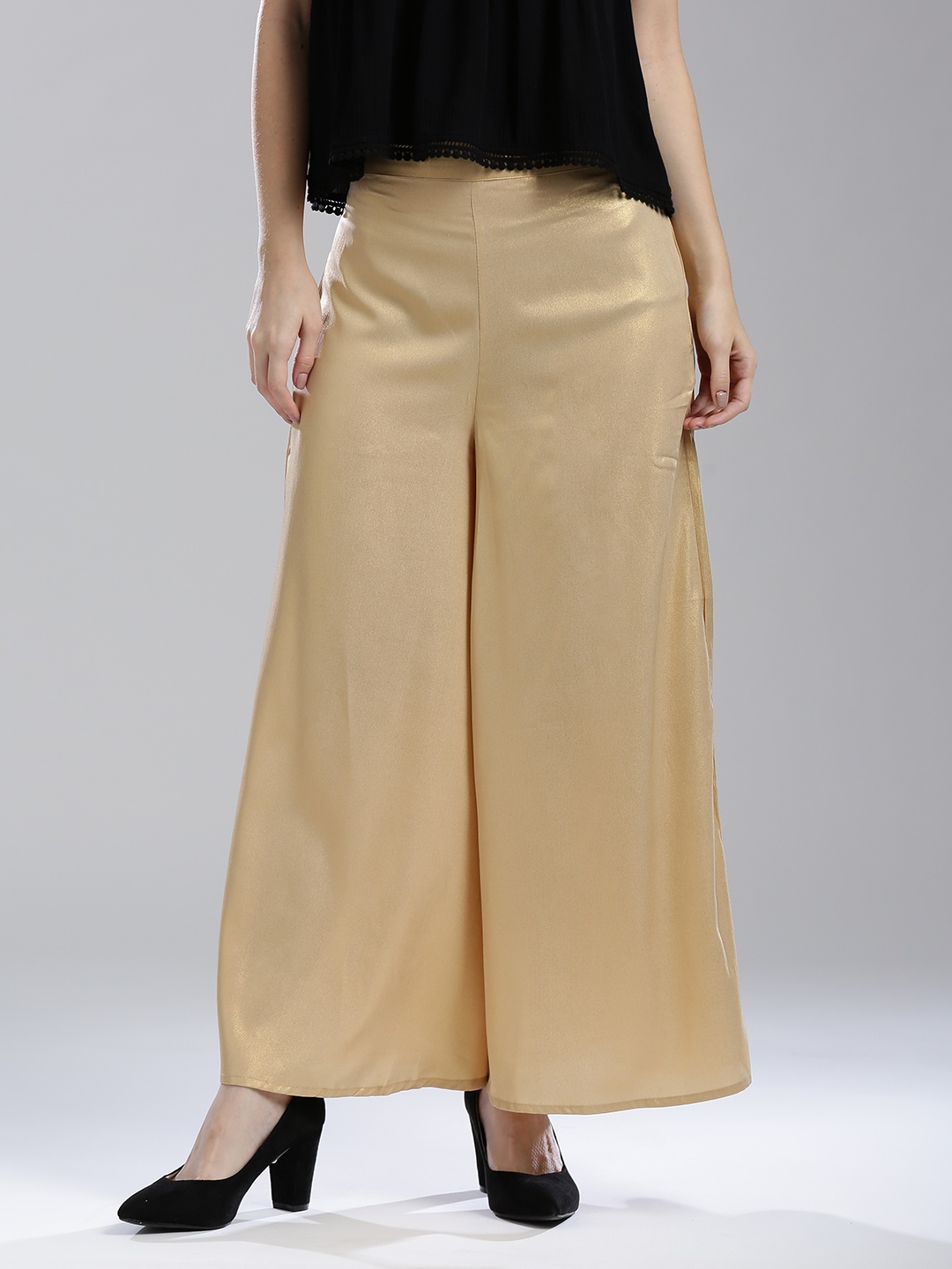 

WISHFUL by W Women Golden Solid Flared Palazzos with Sheen Effect, Gold