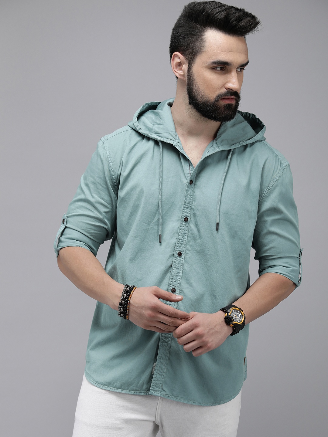 

The Roadster Life Co. Solid Relaxed Fit Pure Cotton Hooded Casual Shirt, Blue