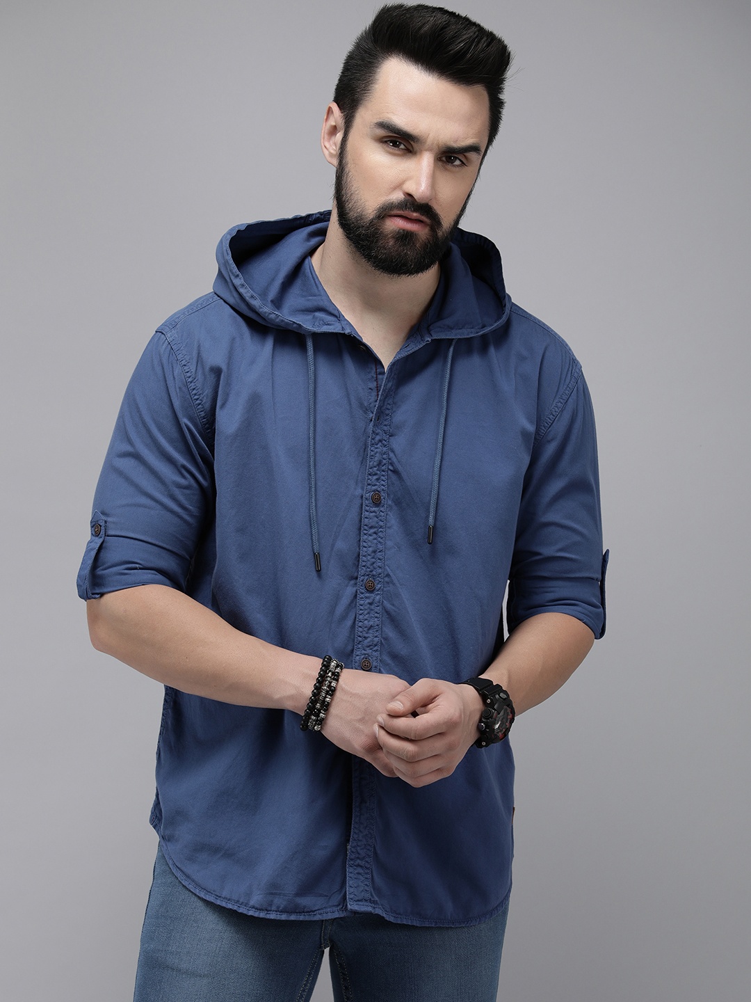 

The Roadster Life Co. Solid Pure Cotton Hooded Casual Shirt, Blue