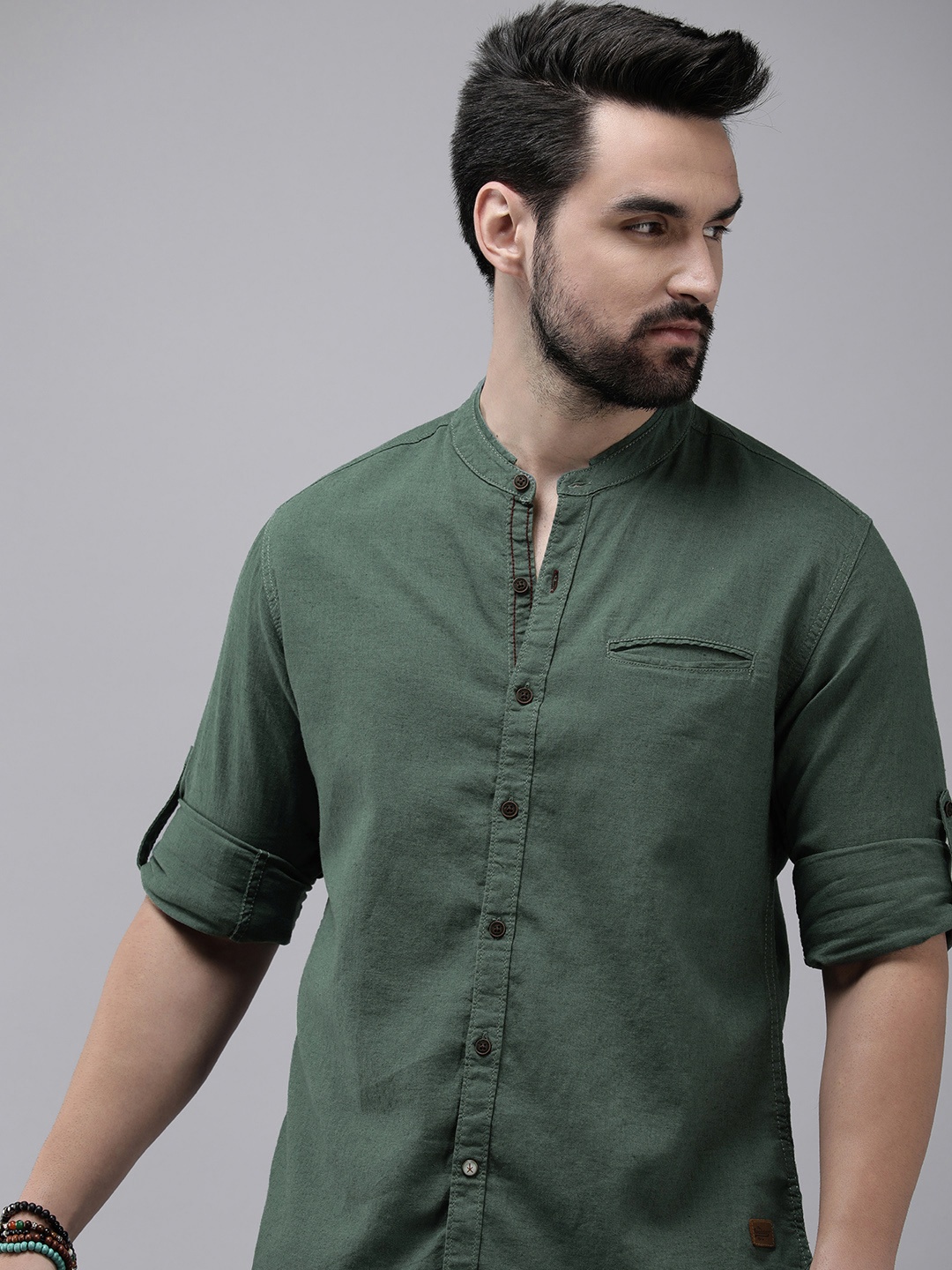 

The Roadster Lifestyle Co. Men Linen Cotton Solid Band Collar Casual Shirt, Green