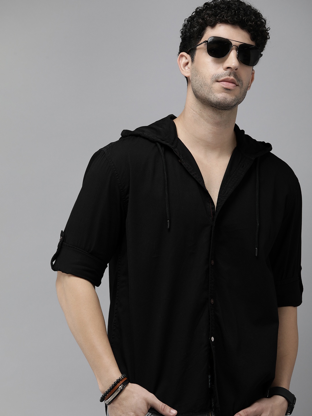 

The Roadster Life Co. Solid Relaxed Fit Hooded Pure Cotton Casual Shirt, Black