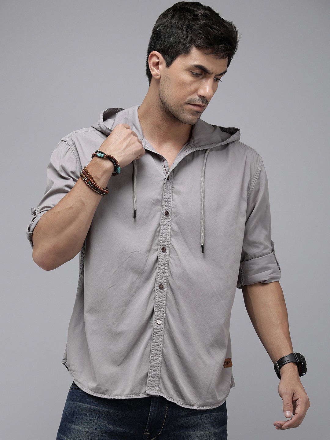 

The Roadster Life Co. Solid Relaxed Fit Pure Cotton Hooded Casual Shirt, Grey