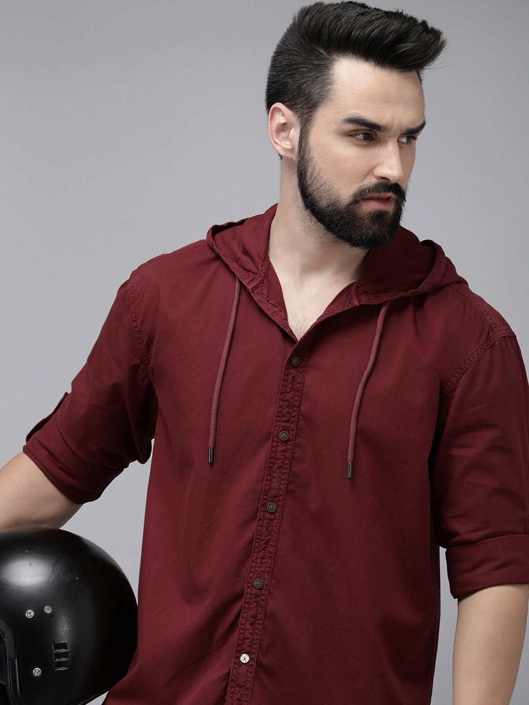 

The Roadster Life Co. Pure Cotton Hooded Casual Shirt, Maroon