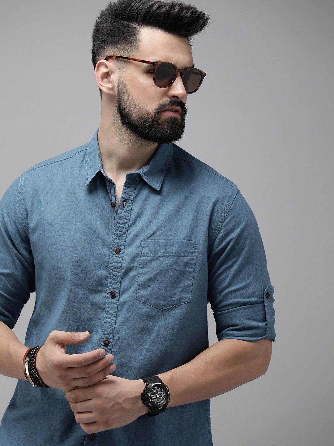 

The Roadster Life Co. Solid Cotton Linen Casual Shirt, Blue