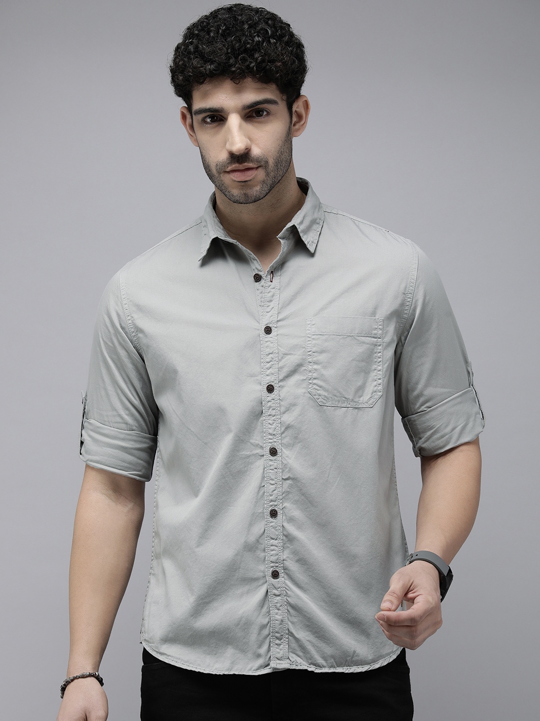 

The Roadster Life Co. Pure Cotton Roll-Up Sleeves Solid Casual Shirt, Grey